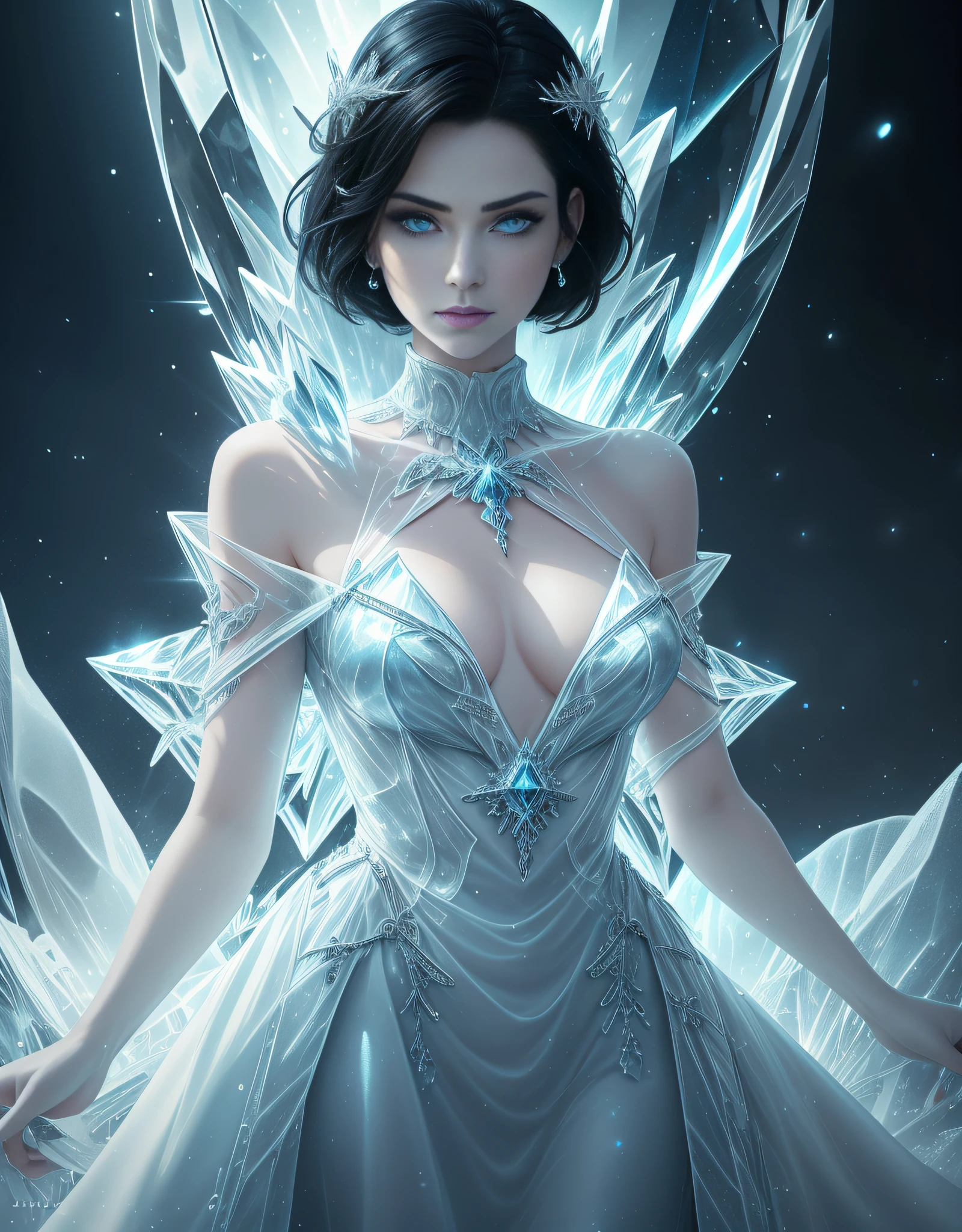 illustration ice witch woman, heavenly, divine, hands forward, features of a Norwegian woman, piercing and fearless look, blue eyes, soft detailed white skin, full body focus, she wears a blue dress with turtleneck that goes up to her neck, covering her entire body, detailed dress in blue crystals shining in neon, and delicate, ice throne in blur in the background,  Short black hair, expressive eyes, detailed, hands with big and delicate nail, beautiful, broad and delicate shoulders, blue lipstick on the lips, cinematic light, highest quality superior, masterpiece, blizzard, ice dress covering the whole body, shades of light blue, dark environment, mysterious.