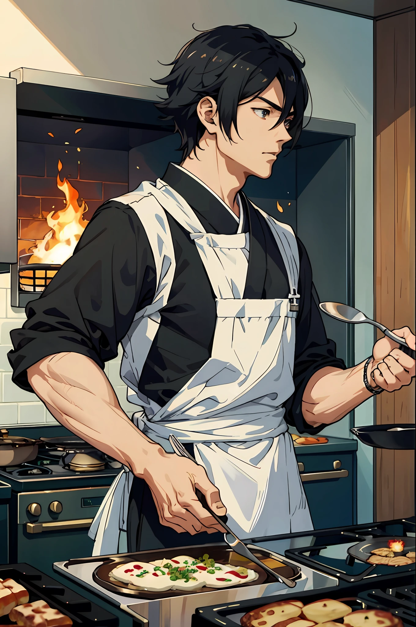 Masterpiece, best quality, tall muscular adult male, handsome face and delicate eyes, intricate detail depiction, being in a cooking kitchen, flames bursting out of the oven, cooking action, profile pictures themed around anime food, ideas for the best chefs, cooking shows and official art, Tanjiro Kamado who breaks away from conventional cooking techniques, Anime Moe Art style of the popular epic anime style, with ❤️ , , 🍄 , 🔥 expressive 🌪 emojis.