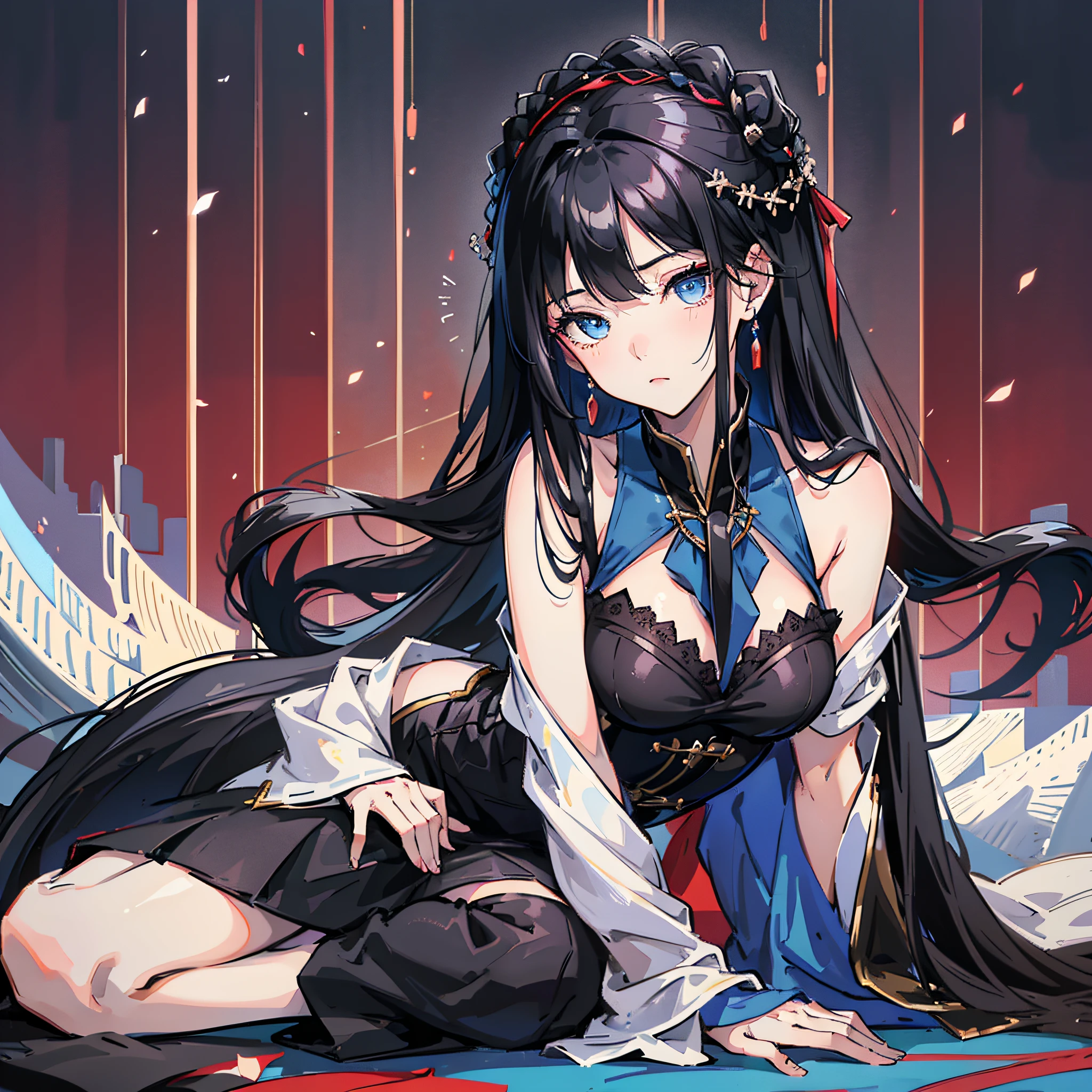 High quality, anime style, black hair, blue eyes, black silk, period costume, high cold, kneeling posture, royal sister, bangs, tight, breeze, exposed --auto --s2