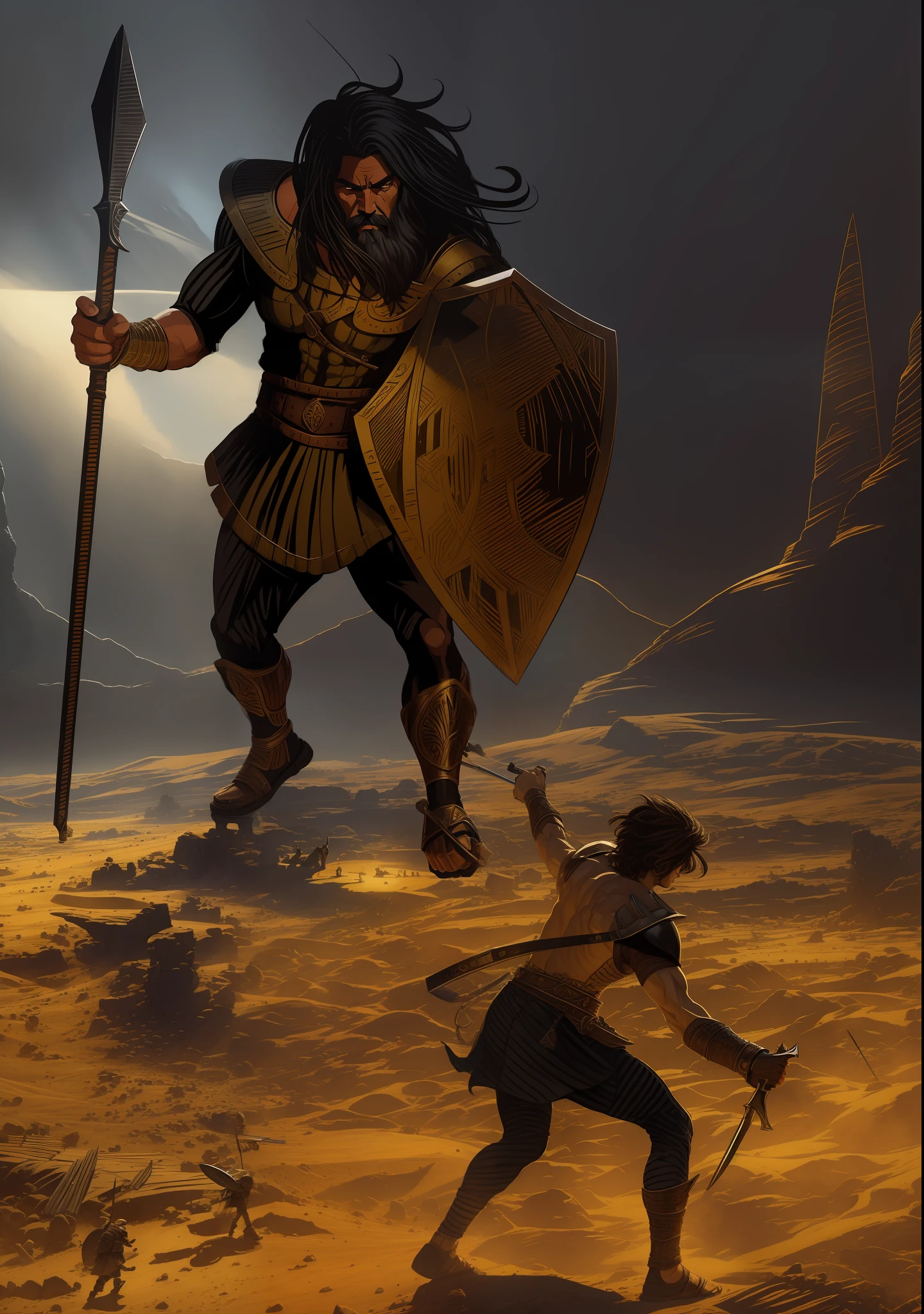 Masterpiece of one man and another man fighting in a desert, David and Goliath, epic biblical depiction, Goliath painting, Spartan warrior, epic art, epic graphic novel wallpaper, digital painting of Greek myth, epic illustration, ancient soldier, epic battle scene, firelit environment, dark shadows, realistic oil painting by Simon Bisley, Julie Bell, 16-bit pixel art, high saturation, HD, high contrast, dramatic lighting, intricate details, moody atmosphere, dynamic composition, medieval weaponry.