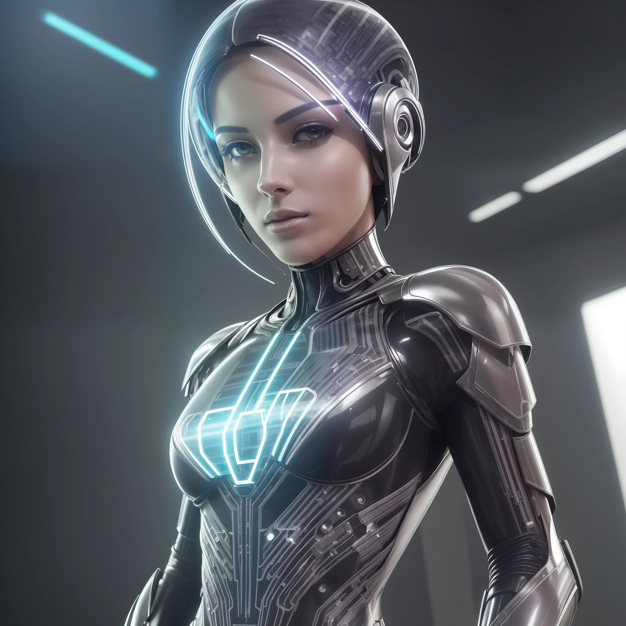 (highest quality, masterpiece, ultra high definition), (short hair, silver), (jewel-like eyes, cybernetic), (cyberpunk style, shiny black skin tight suit, transparent high-tech material, internal circuits and energy flow visible)