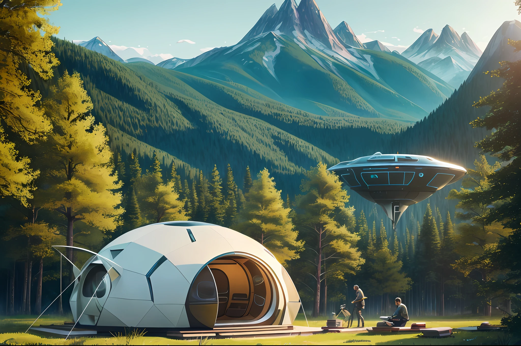 futuristic tent sci-fi retro pop up space pod, modular, mountainous forested wilderness open fields, beautiful views, joanna gaines, environmental concept art, farmhouse, magnolia, concept art illustration by ross tran, by james gurney, by craig mullins, by greg rutkowski trending on artstation