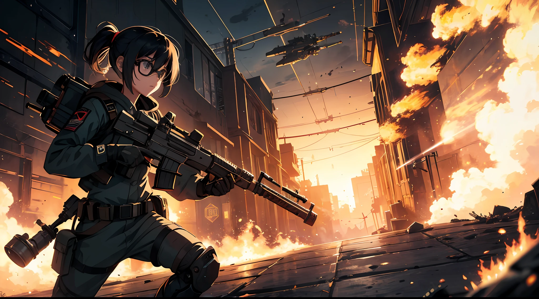 Future, sci-fi, mechanical, 1 girl in combat uniform, with goggles, flamethrower on her back, barrage, shooting like crazy, flying in the air, fighting, spraying flames, bullet casings splashing