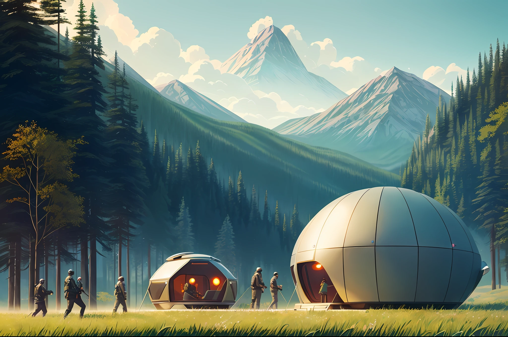 futuristic tent sci-fi retro pop up space pod, modular, open fields of mountainous forest, beautiful views, joanna gaines, environmental concept art, farmhouse, magnolia, concept art illustration by ross tran, by james gurney, by craig mullins, by greg rutkowski on high at artstation, isometric view