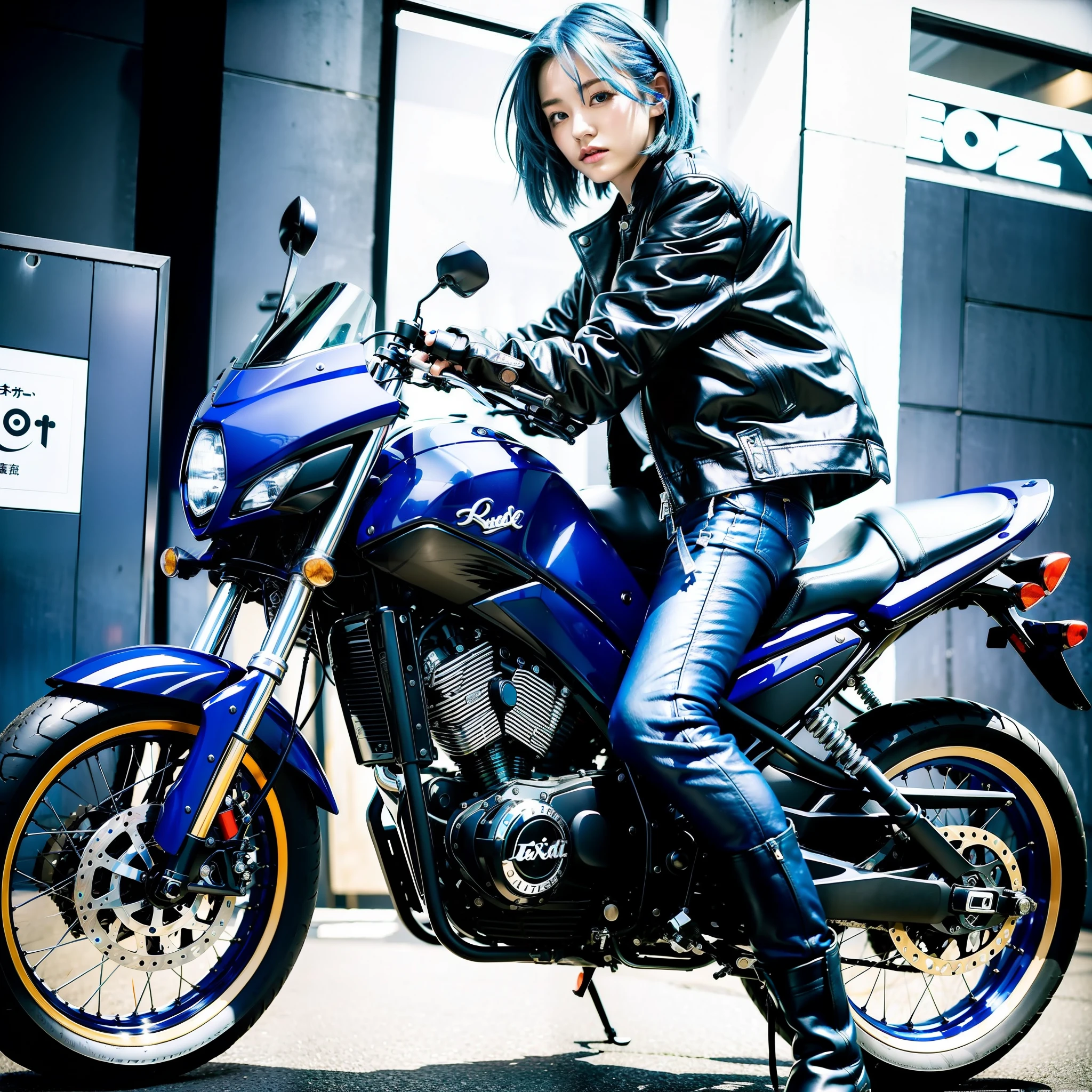 Japan Female 18 years old Portrait Boyish Wild Cool Blue Riders Jacket Leather Pants Leather Boots 180cm F Cup Blue Hair Shortcut