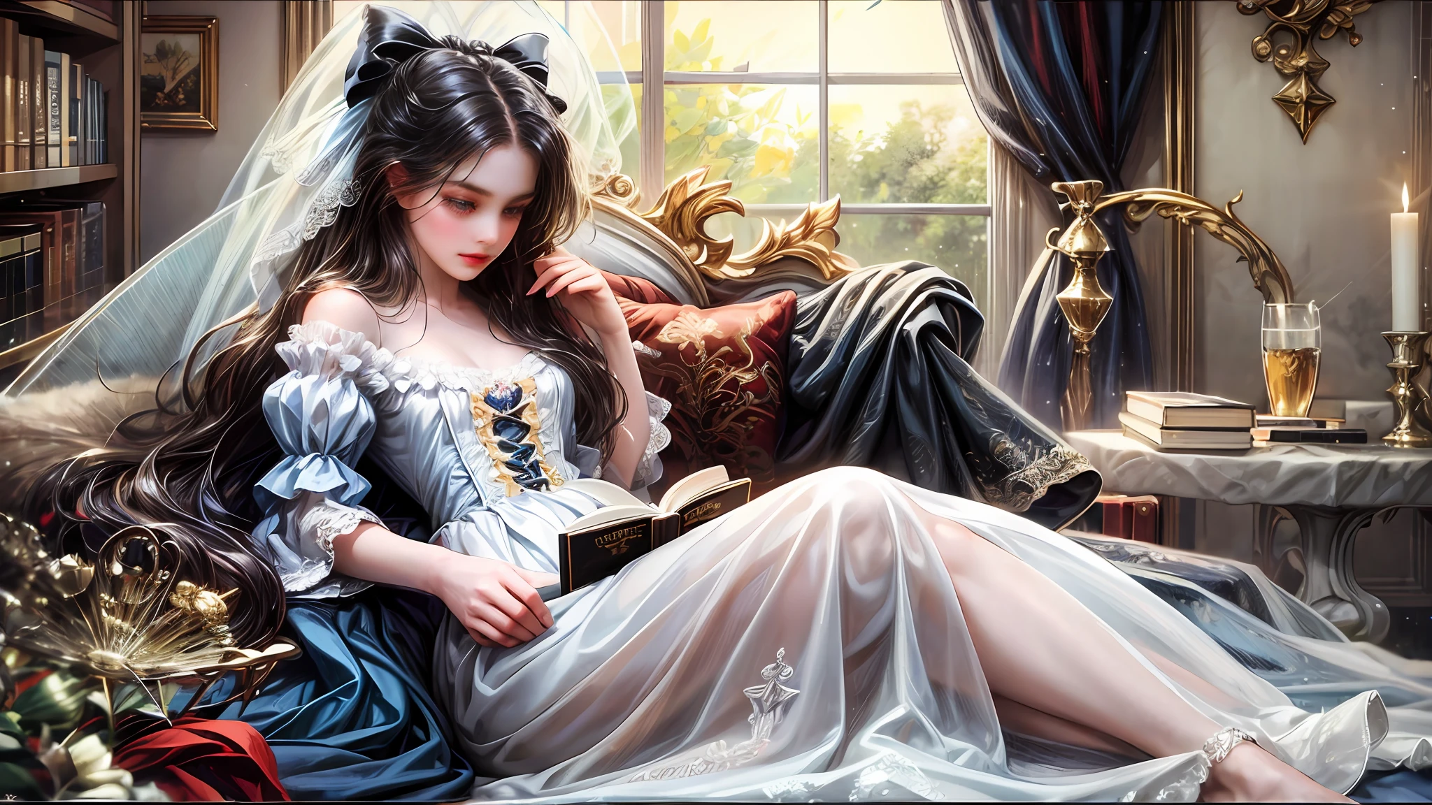 (High resolution, super detailed) 1girl, steen (very long hair, black hair), bedroom, fairy tale book, ta, cute, naïve