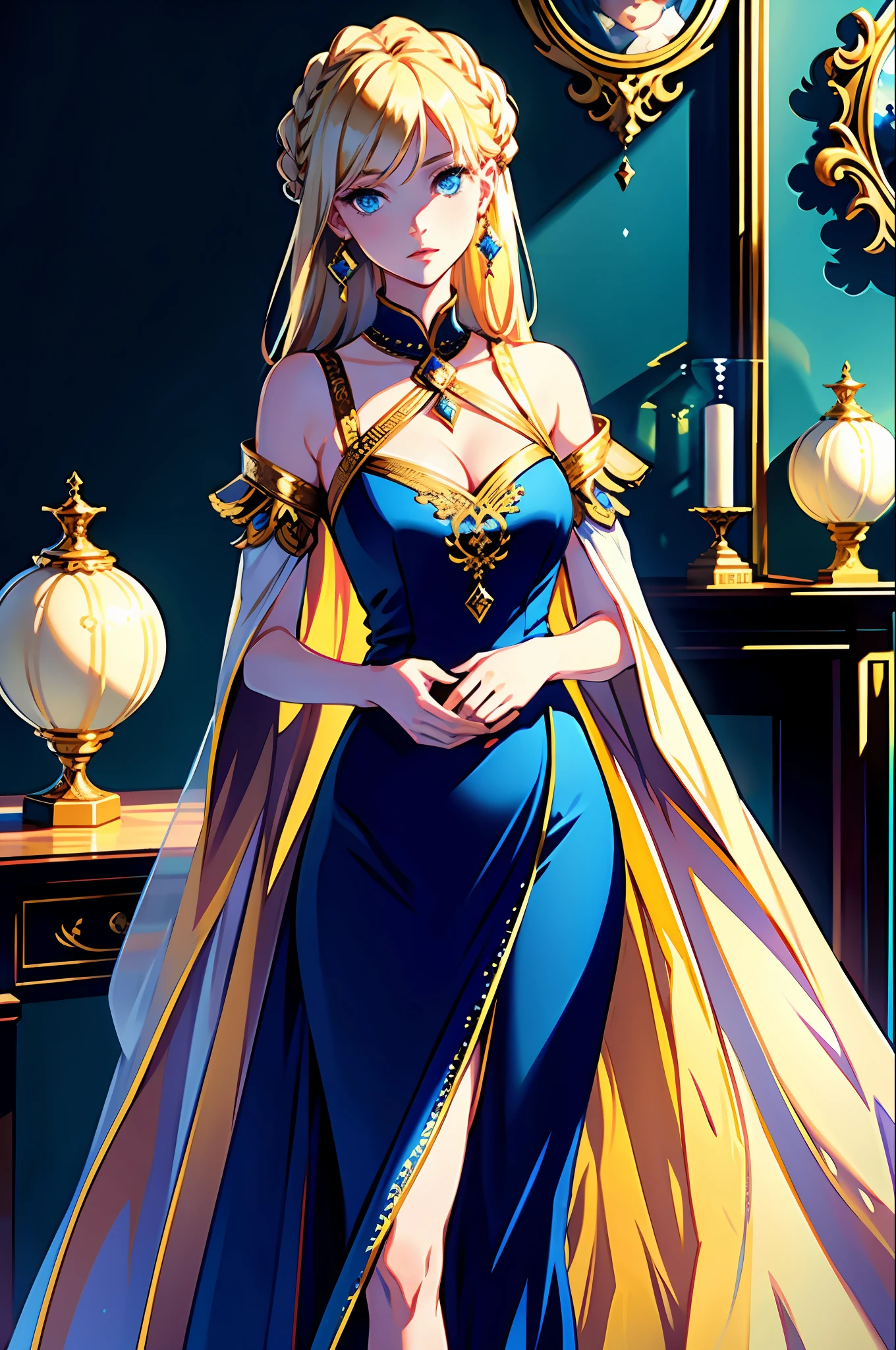 (best quality, masterpiece), portrait, 1 girl, alone, (blond hair, long, with ornaments), (blue eyes), fine earrings (long dress) (luxurious background)