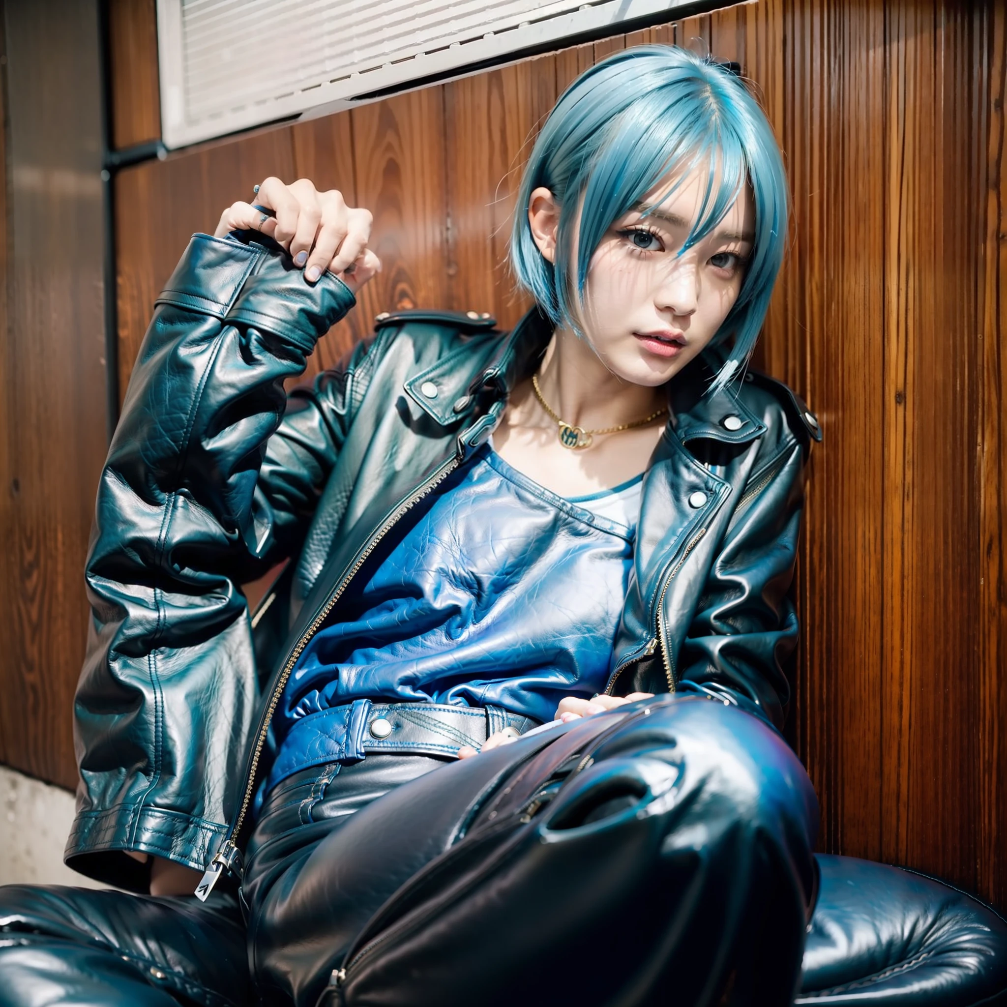 Japan Female 18 years old Portrait Boyish Wild Cool Blue Riders Jacket Leather Pants Leather Boots 180cm F Cup Blue Hair Shortcut