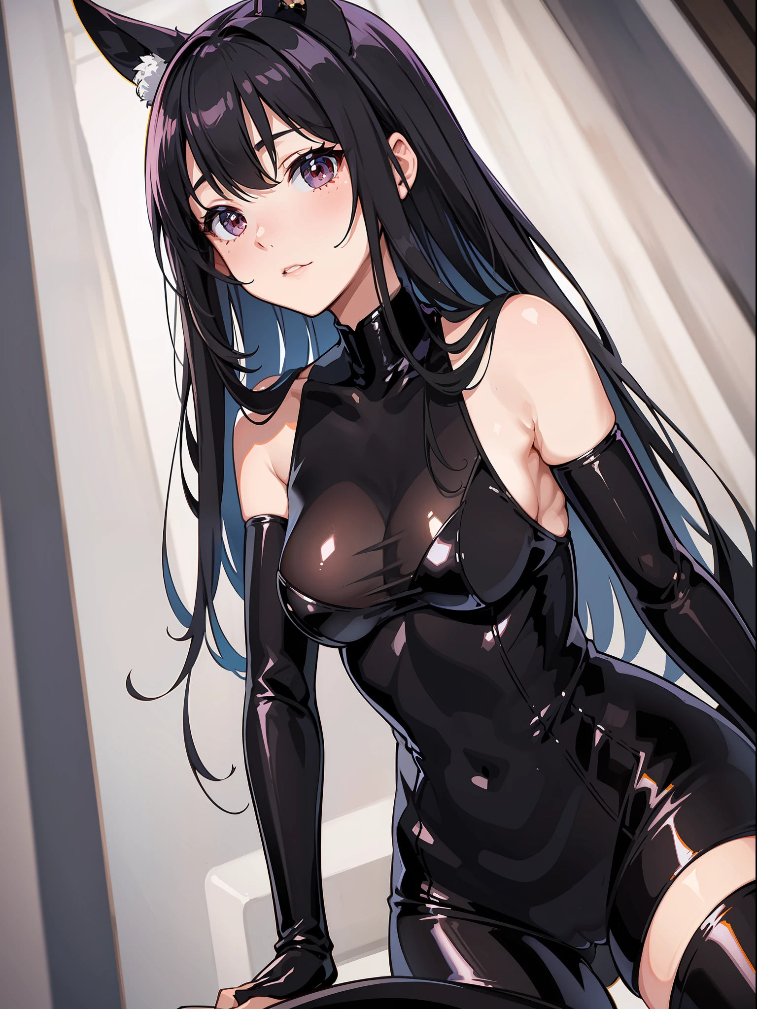 {Japan Slender Beauties}, High Definition, Top Quality, Super Detail, Bunny Suit, Knee High, Wedge, Fine Detail, No Blushing Cheeks, Bitten, Top Angle, Clean Skin, Japan Anime