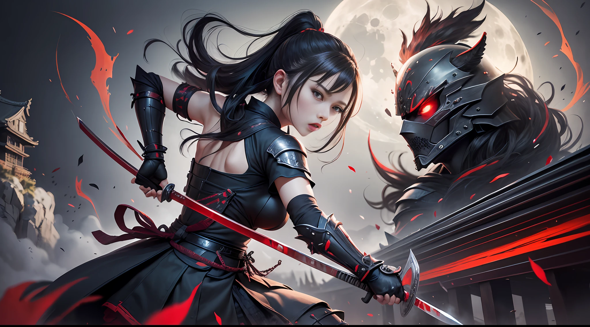 In this hyperrealistic masterpiece of a dark fantasy scene, a lone ninja girl adorned in black and red armor stands in an expressive fighting position, gripping Hattori Hanzo's katana tightly in her hand and glaring fiercely at a powerful adversary, drops of blood splattered across her determined face and katana blade, while a Japanese castle looms ominously in the background against the inky black night sky illuminated only by the soft glow of the moon, all captured with stunning clarity and detail in this 8K masterpiece of DSLR professional shooting, complete with realistic lighting and shadows adding depth to the intricately detailed and complex background setting. --auto --s2
