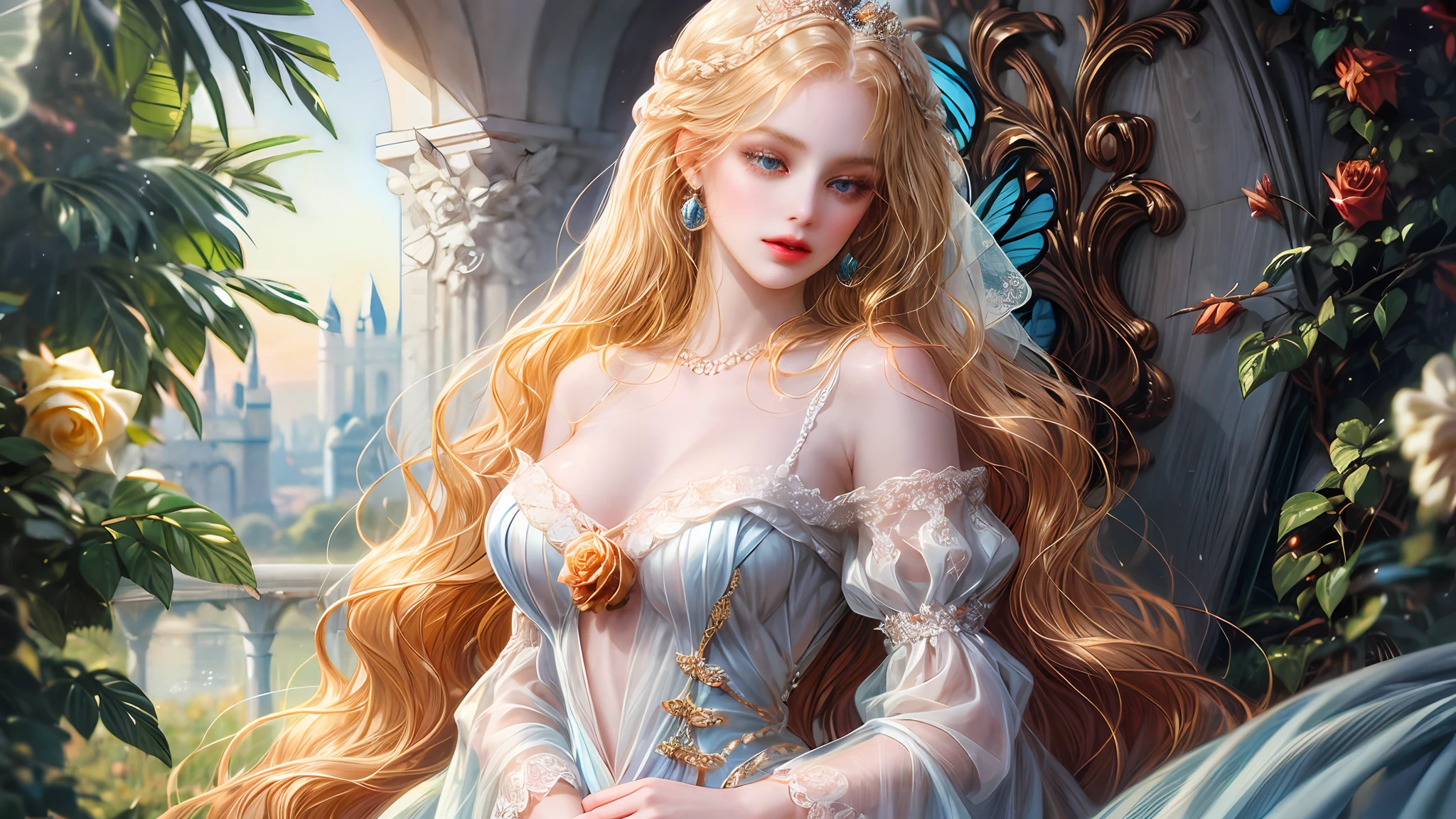 (High resolution, super detailed) 1girl, princess, (very long hair, white blonde hair), rose garden, butterfly, earrings, elegant, long dress, blue eyes