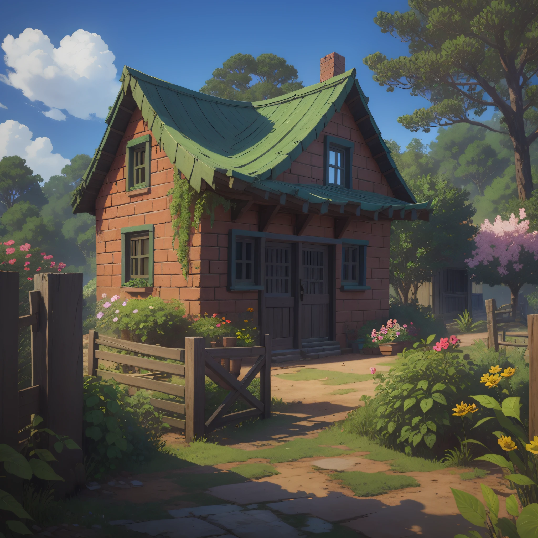 There is a small house with a fence and some flowers in front of it, photography, a brick hut in the woods, old house, mud and brick house, historical scenery, avatar image, GTA San Andreas style.