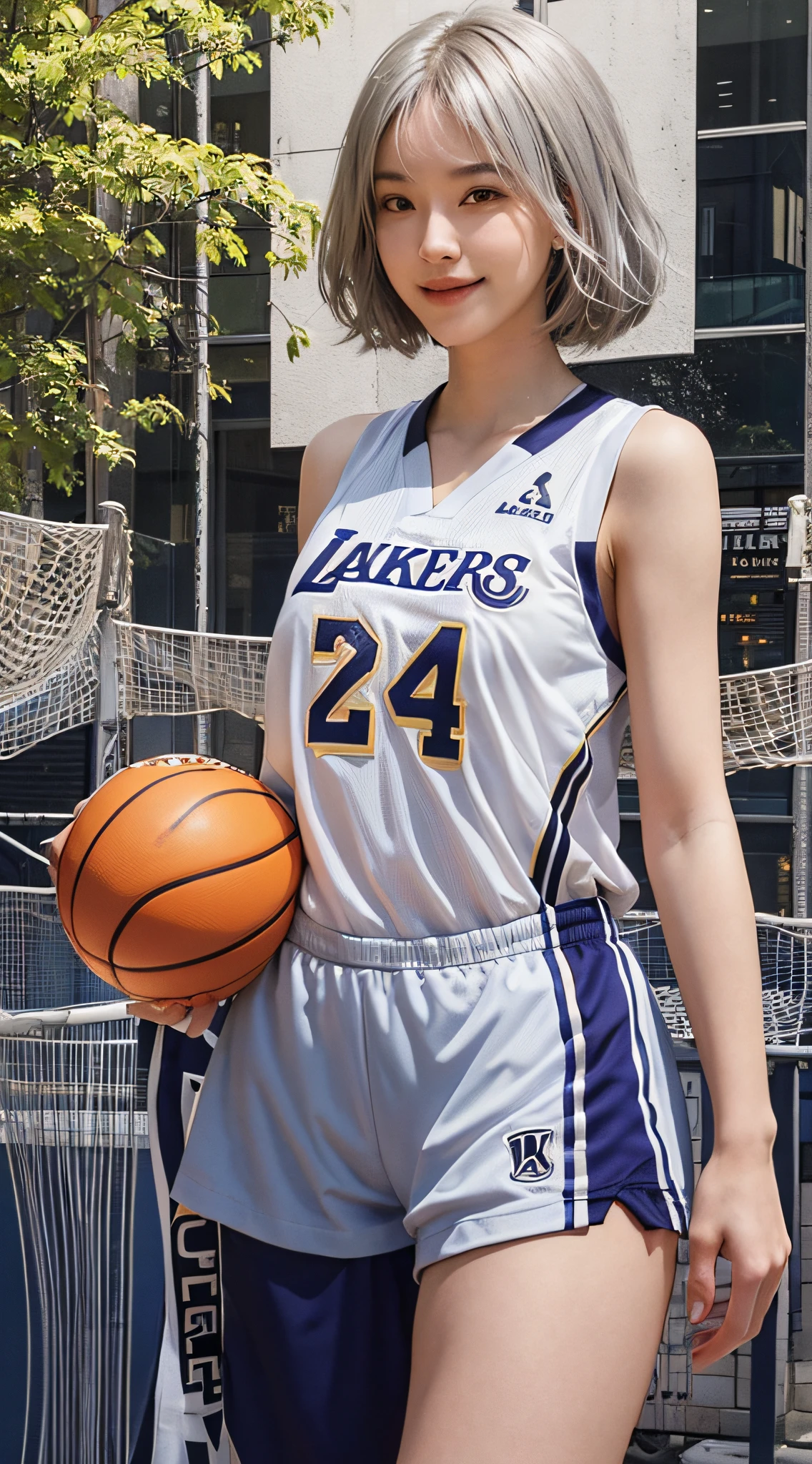 Beautiful breasted girl, Kobe Bryant's No. 24 jersey, long legs, short silver hair, holding a basketball, sunny smile