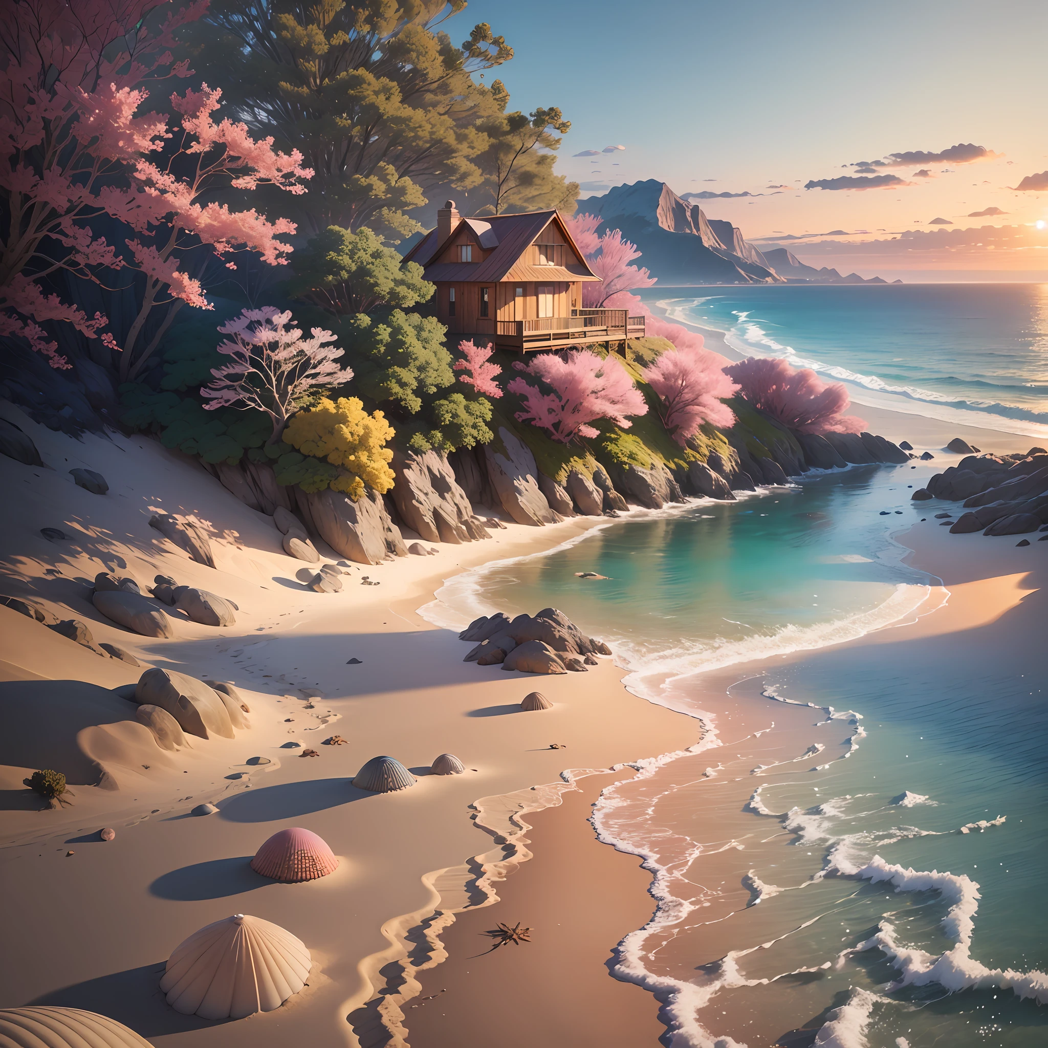 graphics, realistic fantasy, Extensive landscape ultra photography, realistic image of an animal (general view, which shows a sandy beach, water, foam, sand, shells, footprints, drops, coral reef, realistic), blurred background, dawn, warm, marine shade, a little pink, airy color, --auto --s2