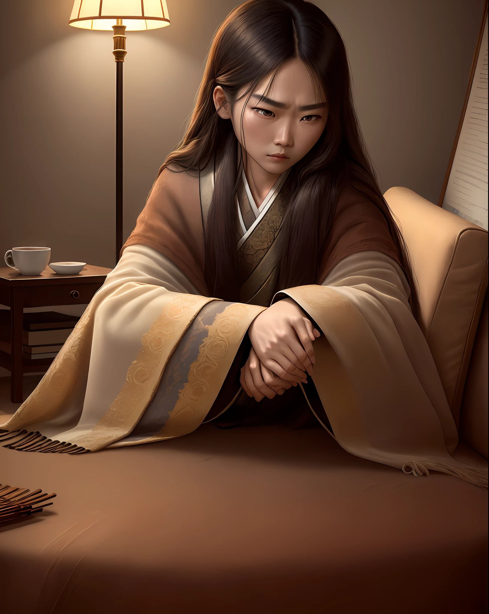 (Best image quality: 4K, Best art style: hand-drawn oil painting), (clear light and shadow, delicate texture, chiaroscuro), (dim lighting, curtains half drawn, comfortable sofa, magazine on coffee table, clock hanging on the wall, soft carpet), (Chinese fashion man with restless eyes, holding mobile phone, anxious expression), (angry young Chinese woman, long hair shawl, hands crossed, locked brows)