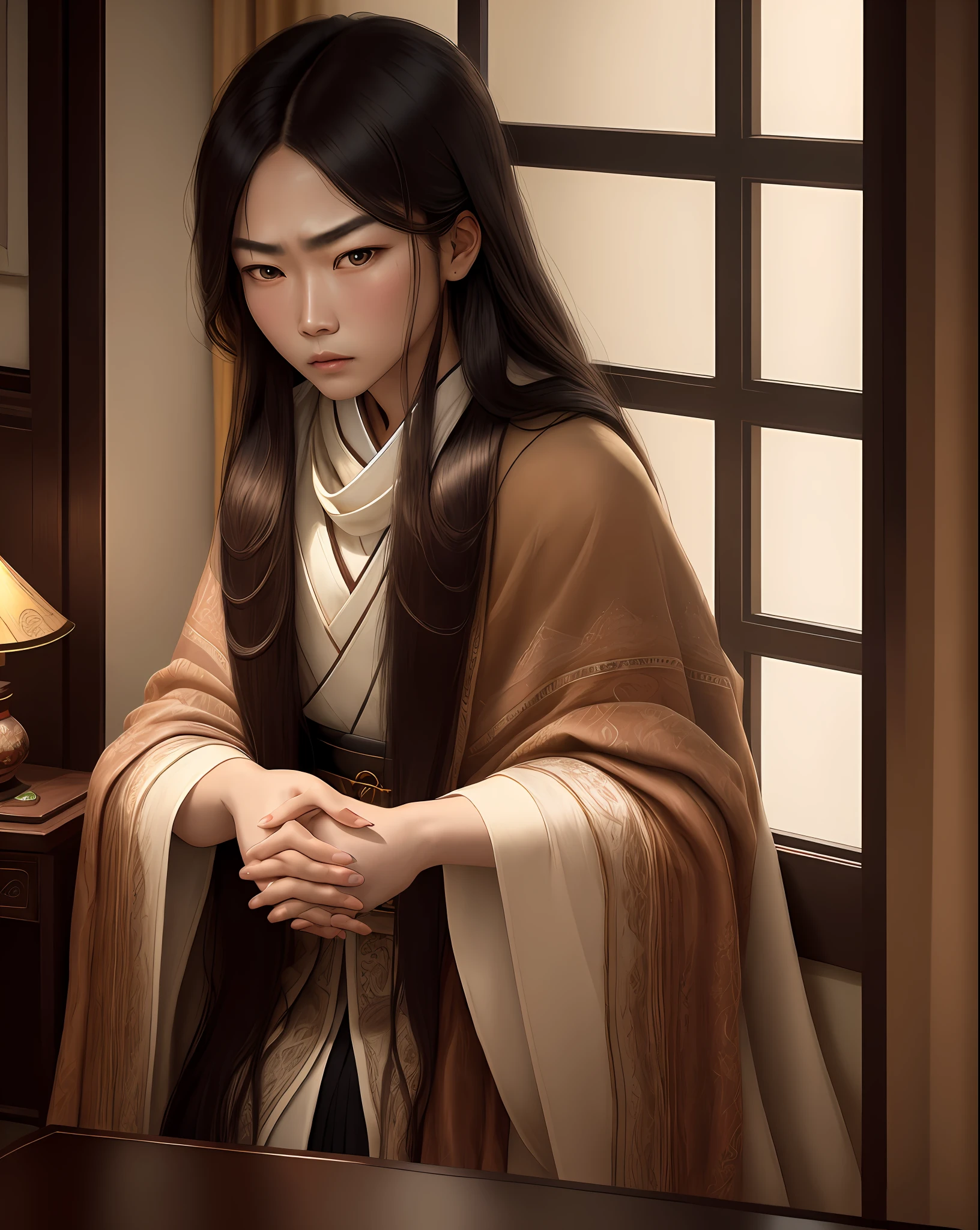 (Best image quality: 4K, Best art style: hand-drawn oil painting), (clear light and shadow, delicate texture, chiaroscuro), (dim lighting, curtains half drawn, comfortable sofa, magazine on coffee table, clock hanging on the wall, soft carpet), (Chinese fashion man with restless eyes, holding mobile phone, anxious expression), (angry young Chinese woman, long hair shawl, hands crossed, locked brows)