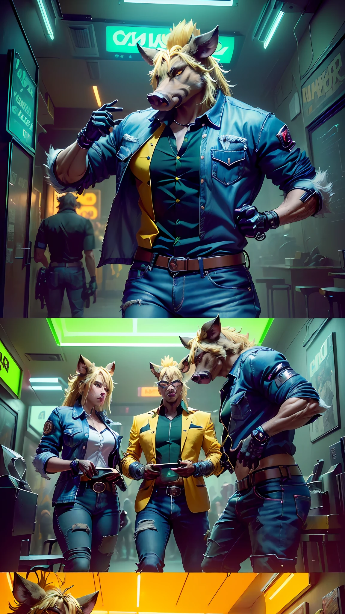 ((ACTION SCENE)), ((furry)) (((TWO FRAMES ONE PAGE)), ((furry)) (( anthropomorphic boar, open button shirt, jeans) FOUGHT with a furry fox),| cyberpunk ((cybernetic body parts)), ((Best quality)), ((masterpiece)), (highly detailed:1.3), Neon Noir, YELLOW NEON LIGHT FROM CITY SIGNS MONITOR, GREEN NEON SIGNS ON THE WALL, ((action scene))