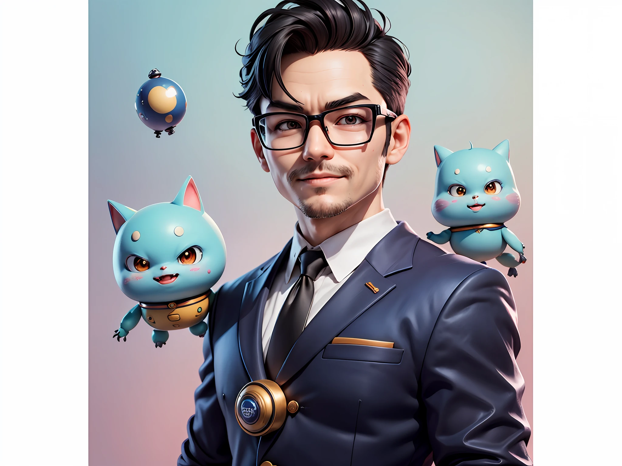 Masterpiece), (Excellent), (Super Meticulous), (Full Body: 1.2), Super Young Woman, Beautiful, Sexy, Bursting, Oriental Face, TV Anchor, Bust Portrait Illustration, Alone, Black Suit, Blue Tie, Silver Glasses, Slightly Chubby Face, Very Clean Face, No Beard, Black Super Short Hair, Black Eyes, Confident Smile, 3c Computer Sub-Products, iPad, iPhone, Digital Painting, 3D Character Design by Akira Toriyama with Mark Claireden and Pixar and Hayao Miyazaki, The illustration is a high-definition illustration in 4K resolution with very detailed facial features and cartoon-style visuals.