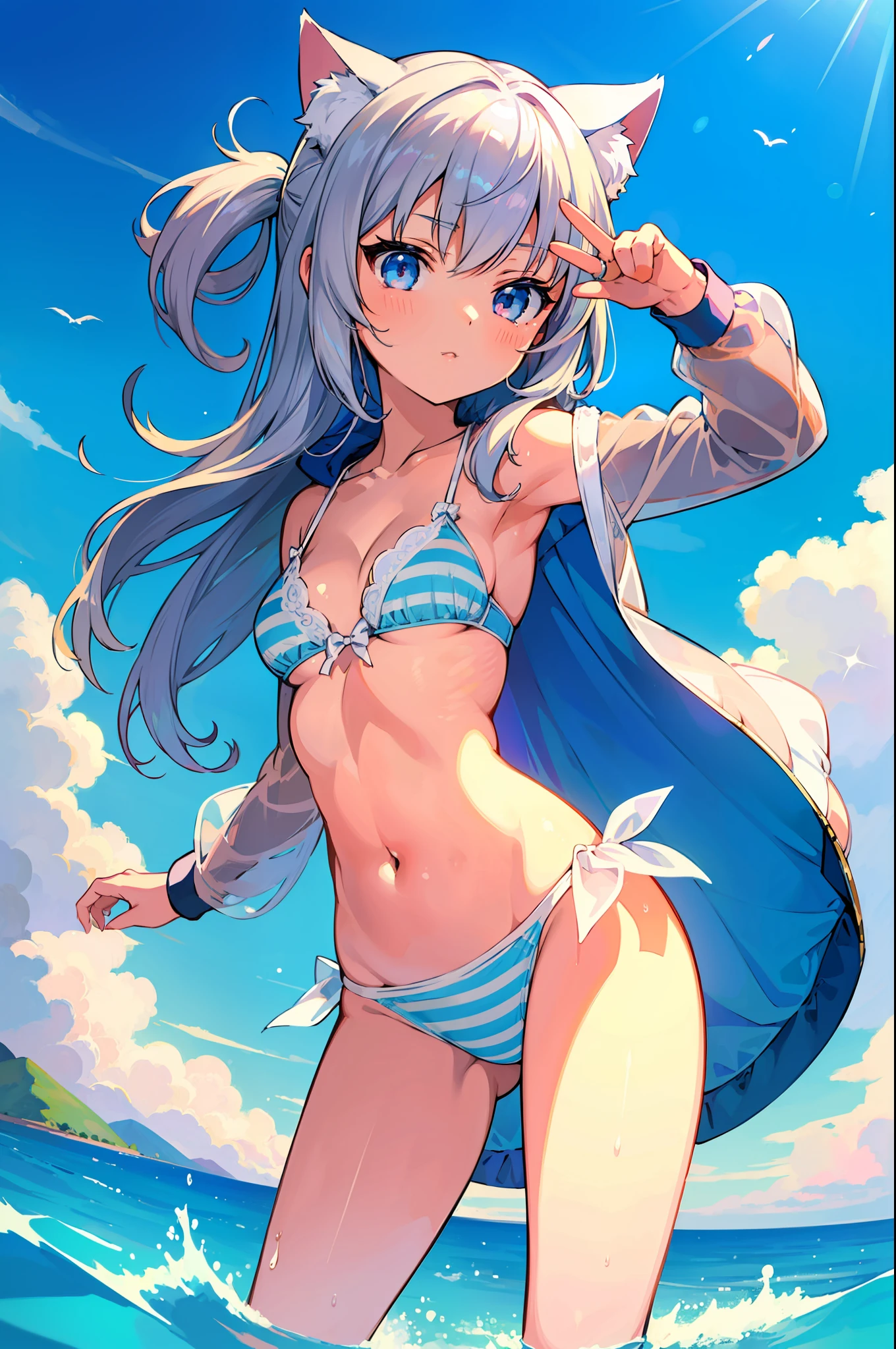 (Masterpiece), (Top Quality Anime Illustration), (Super Definition), One Girl, Solo, Beautiful Girl with Silver Hair, Anime , Cat Ear Lolitite, Cleavage Emphasis, Underboob, Thigh Emphasis, White and Light Blue Striped Bikini, See-Through Hoodie, South Island Sea, Water