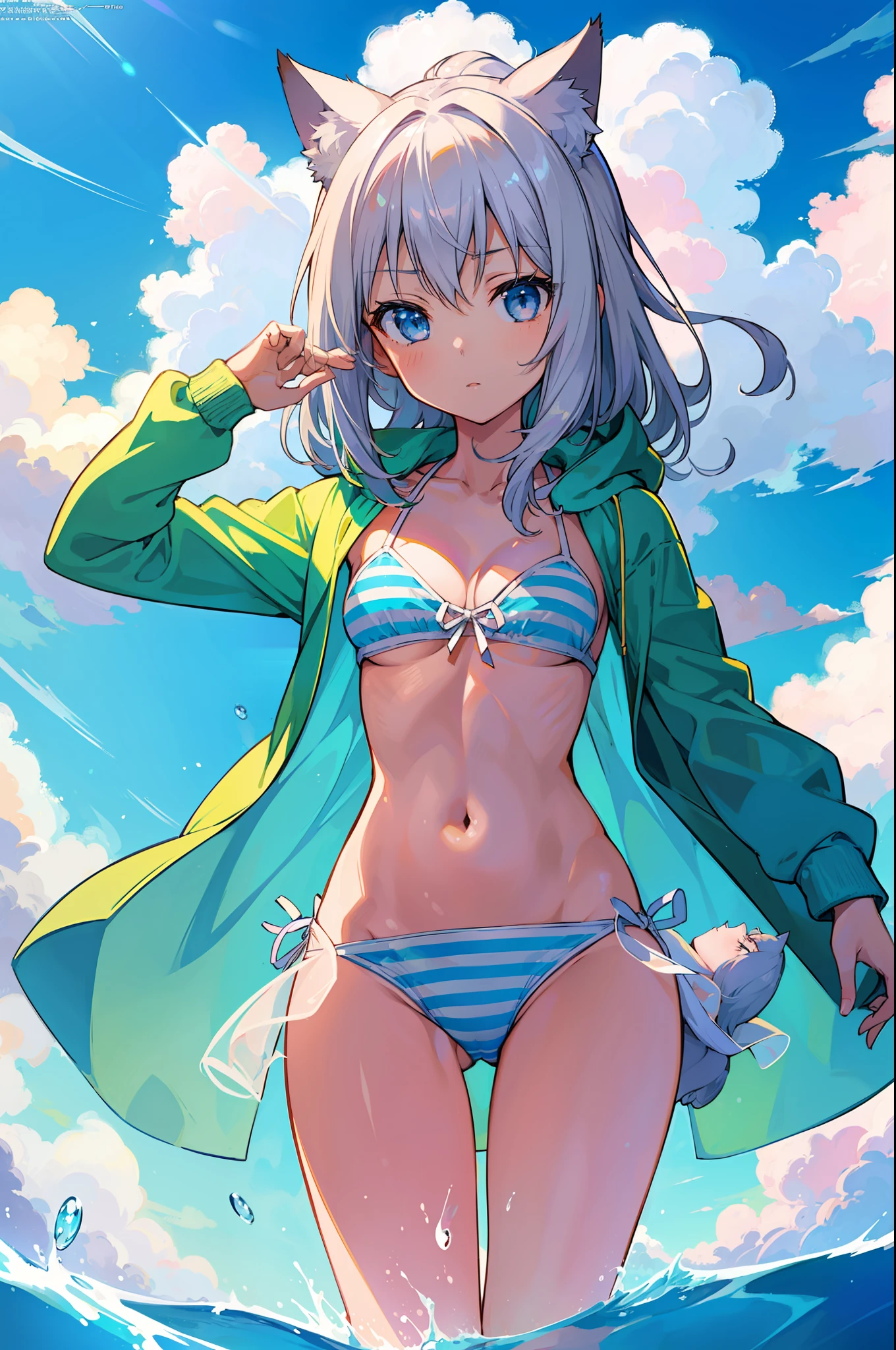 (Masterpiece), (Top Quality Anime Illustration), (Super Definition), One Girl, Solo, Beautiful Girl with Silver Hair, Anime , Cat Ear Lolitite, Cleavage Emphasis, Underboob, Thigh Emphasis, White and Light Blue Striped Bikini, See-Through Hoodie, South Island Sea, Water