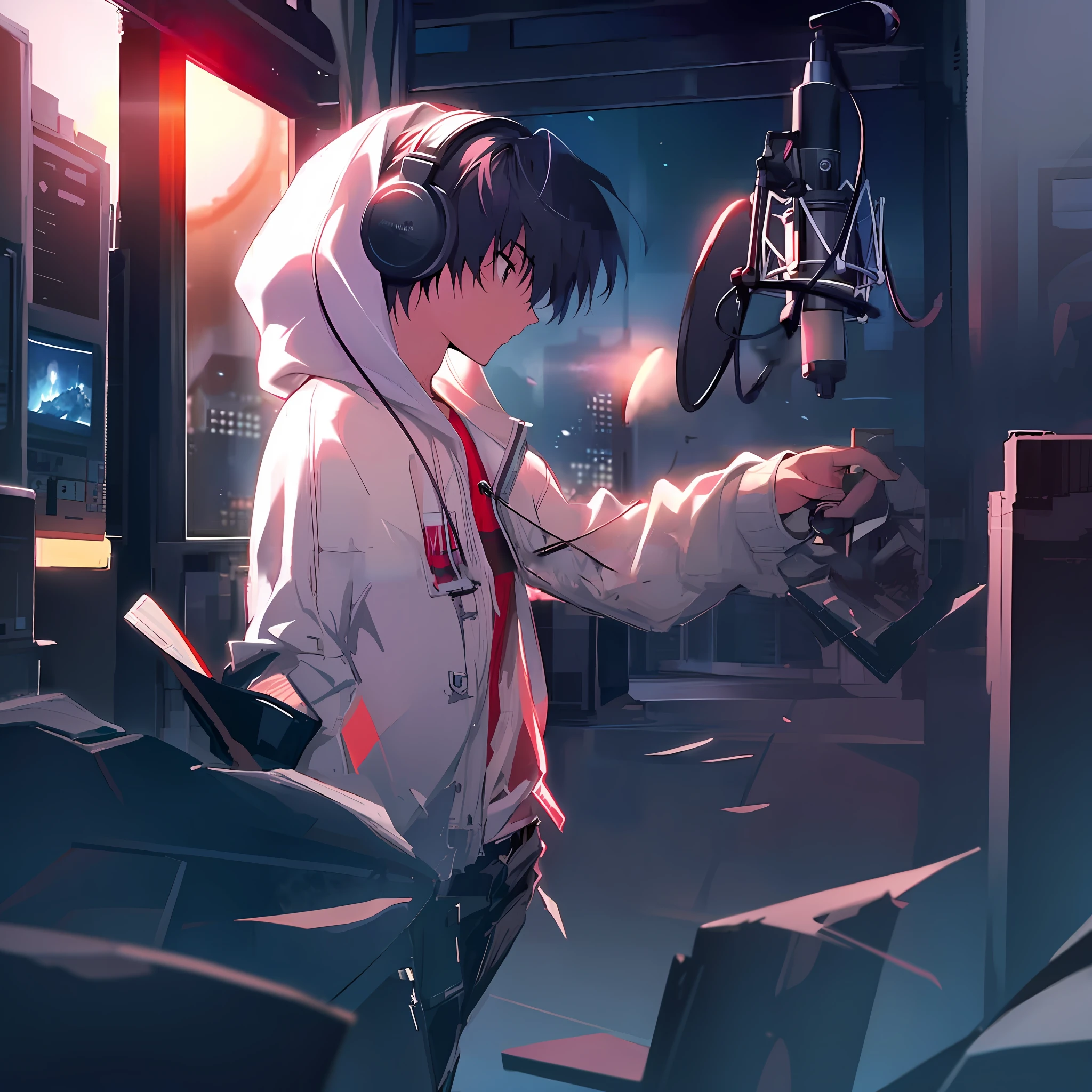 Anime boy in headphone recording studio, (standing) night core, Loepfe art style, anime wallpaper 4K, anime wallpaper 4 K, anime art wallpaper 8 K, anime style. 8k, high quality anime art style, anime style 4k, 4k anime wallpaper, anime wallabies, anime art wallpaper 4k, anime art wallpaper 4k, anime atmosphere