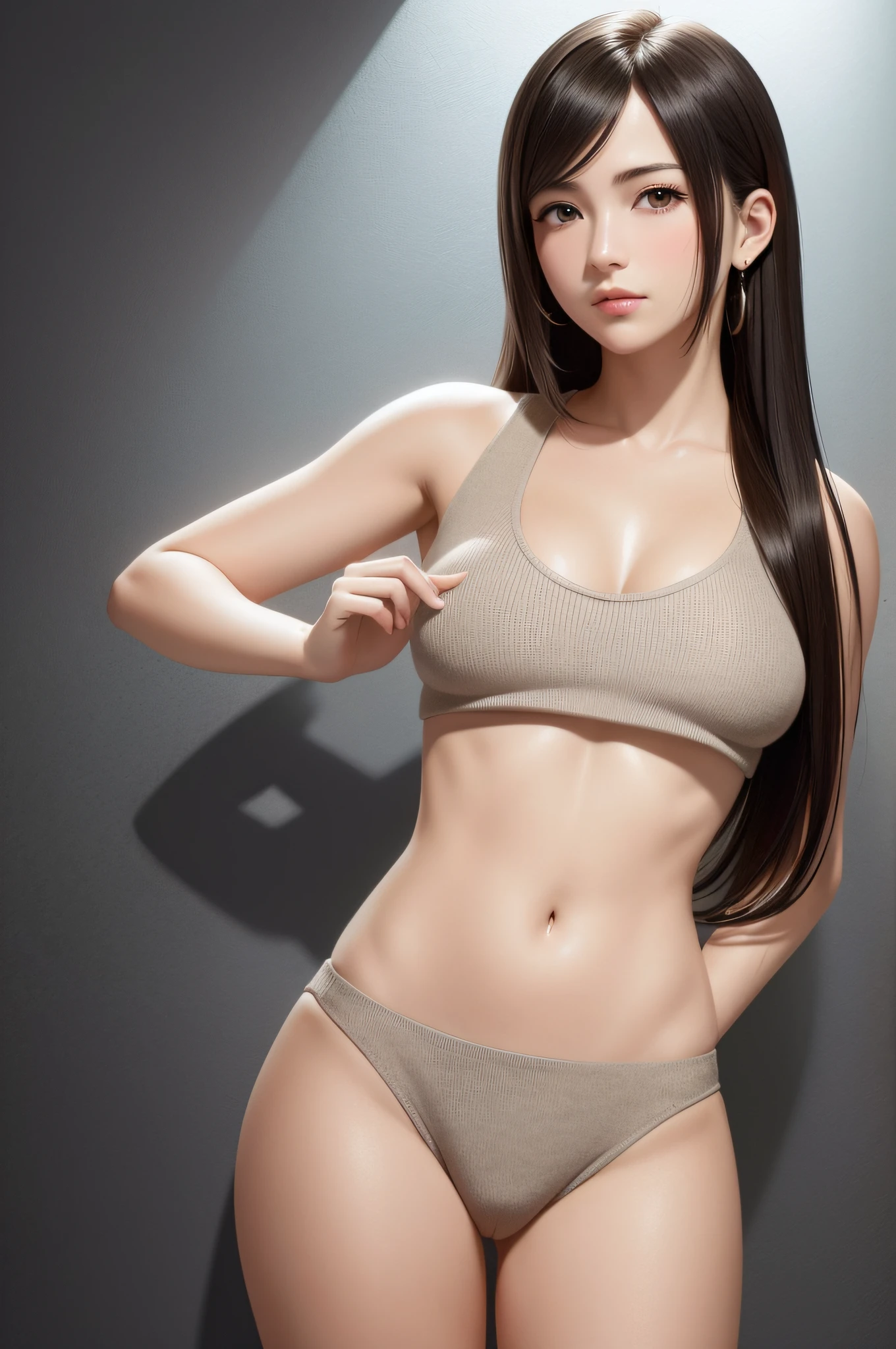 (Top Quality, Masterpiece: 1.1), (Real: 1.4), BREAK (((FF7))) (((Tifa))),solo,1girl,((Light Brown Hair, Large breasts: 1.2)),(Bed,tall of a person: 1.2), BREAK (wearing bare shoulders sweater:1.2)(wearing jeans:1.2),collarbone,(No Bra) (No Panties) (Small and beautiful hard nipple), clothed,((((cameltoe:1.1)))),(shiny oiled skin: 1.4), about 18 years old, sensual,BREAK (((shirtlift:1.6, show underboob,action)))