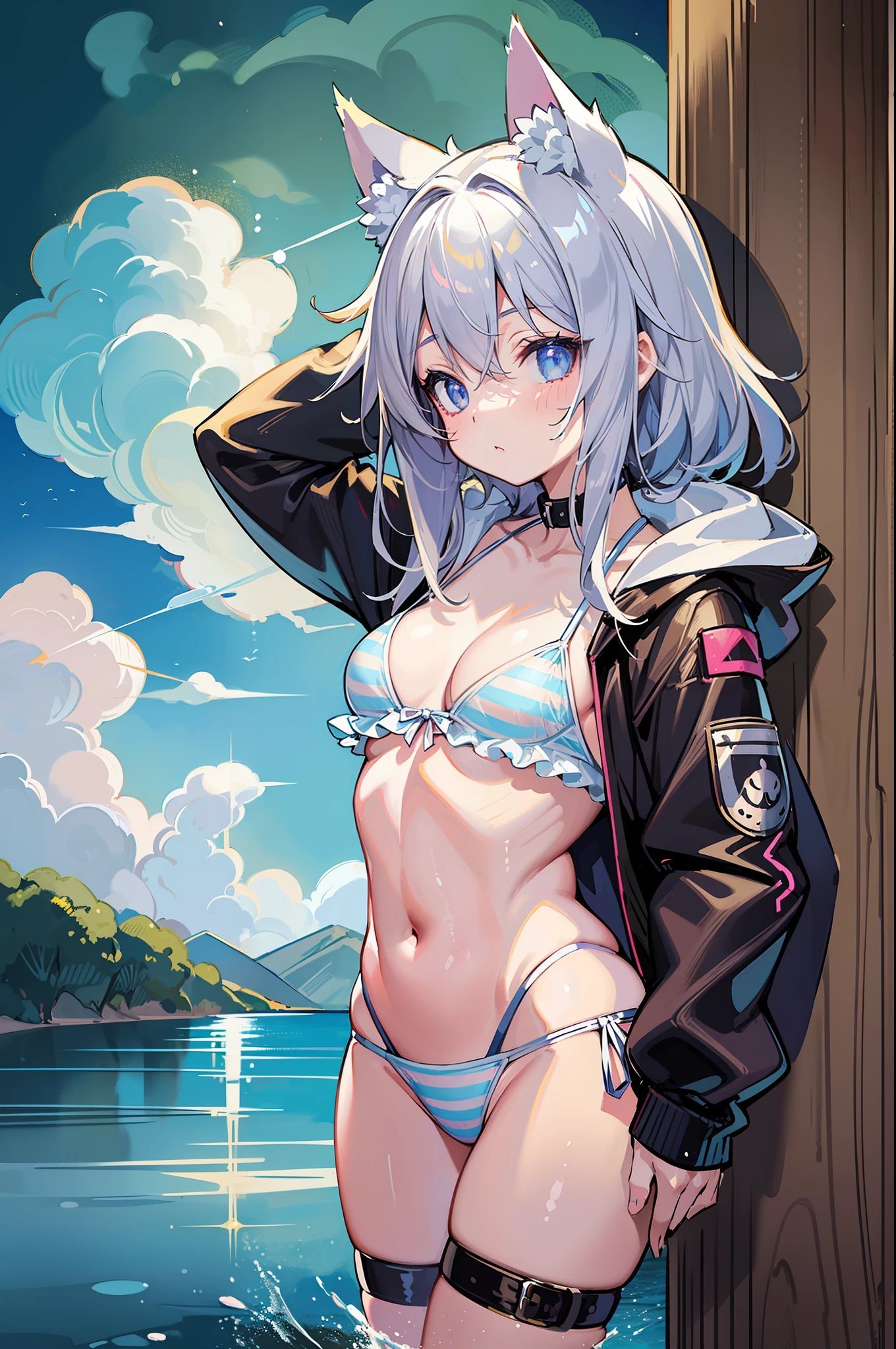 (Masterpiece), (Top Quality Anime Illustration), (Super Definition), One Girl, Solo, Beautiful Girl with Silver Hair, Anime Loli, Cat Ear Loli, Petite, Small Breasts, Cleavage Emphasis, Underboob, Thigh Emphasis, White and Light Blue Striped Bikini, See-Through Hoodie, South Island Sea, Water