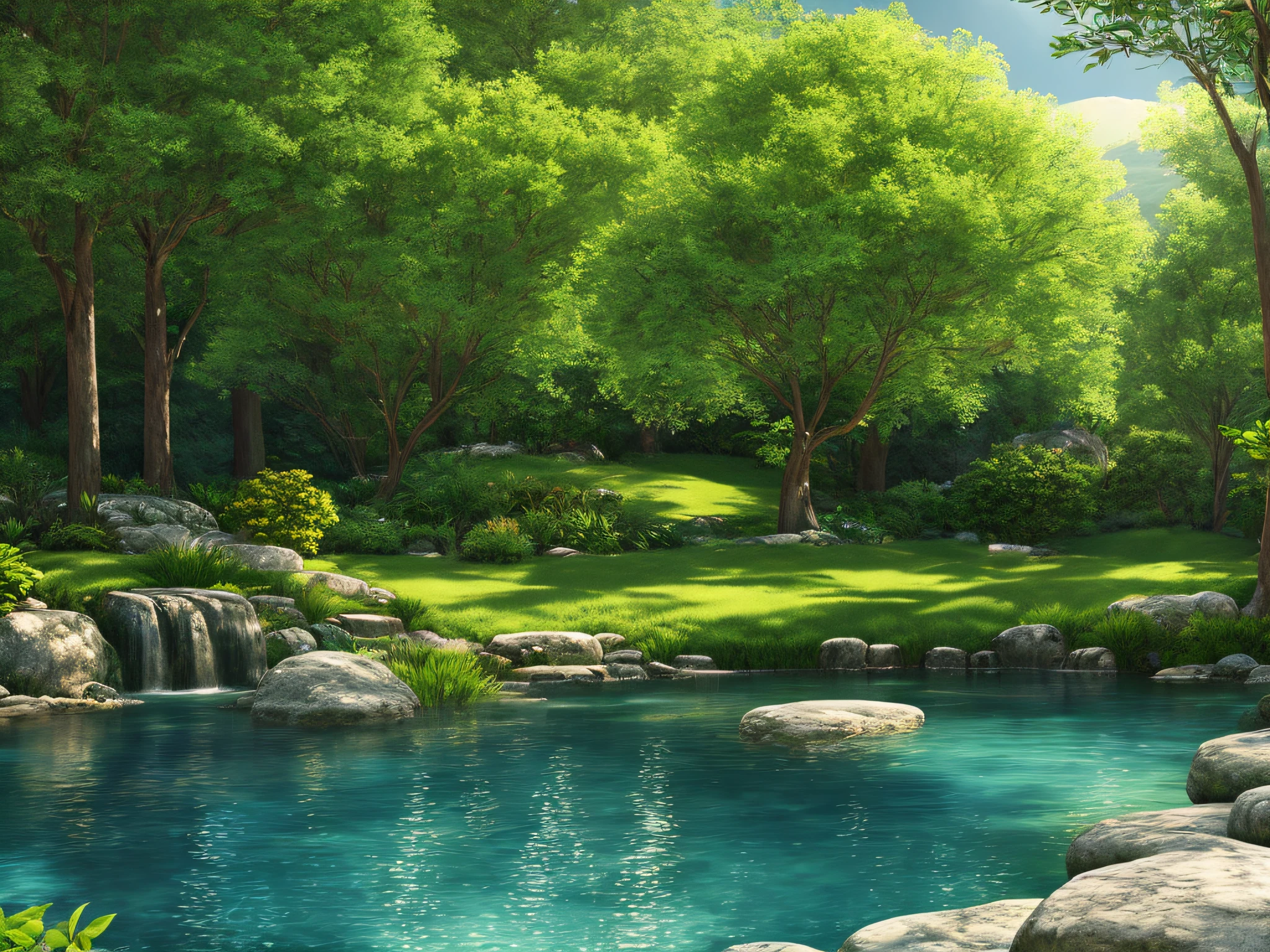 A serene place, very pleasant, beautiful, calm and beautifully landscaped. photorealistic, 8k uhd, studio quality, ultra realistic, maximum detail, large scale, postprocessing, photorealistic, photorealistic, photoshop, photography, detailed, cinematic lighting, landscape, panorama, scenery, ray tracing, cinema4d