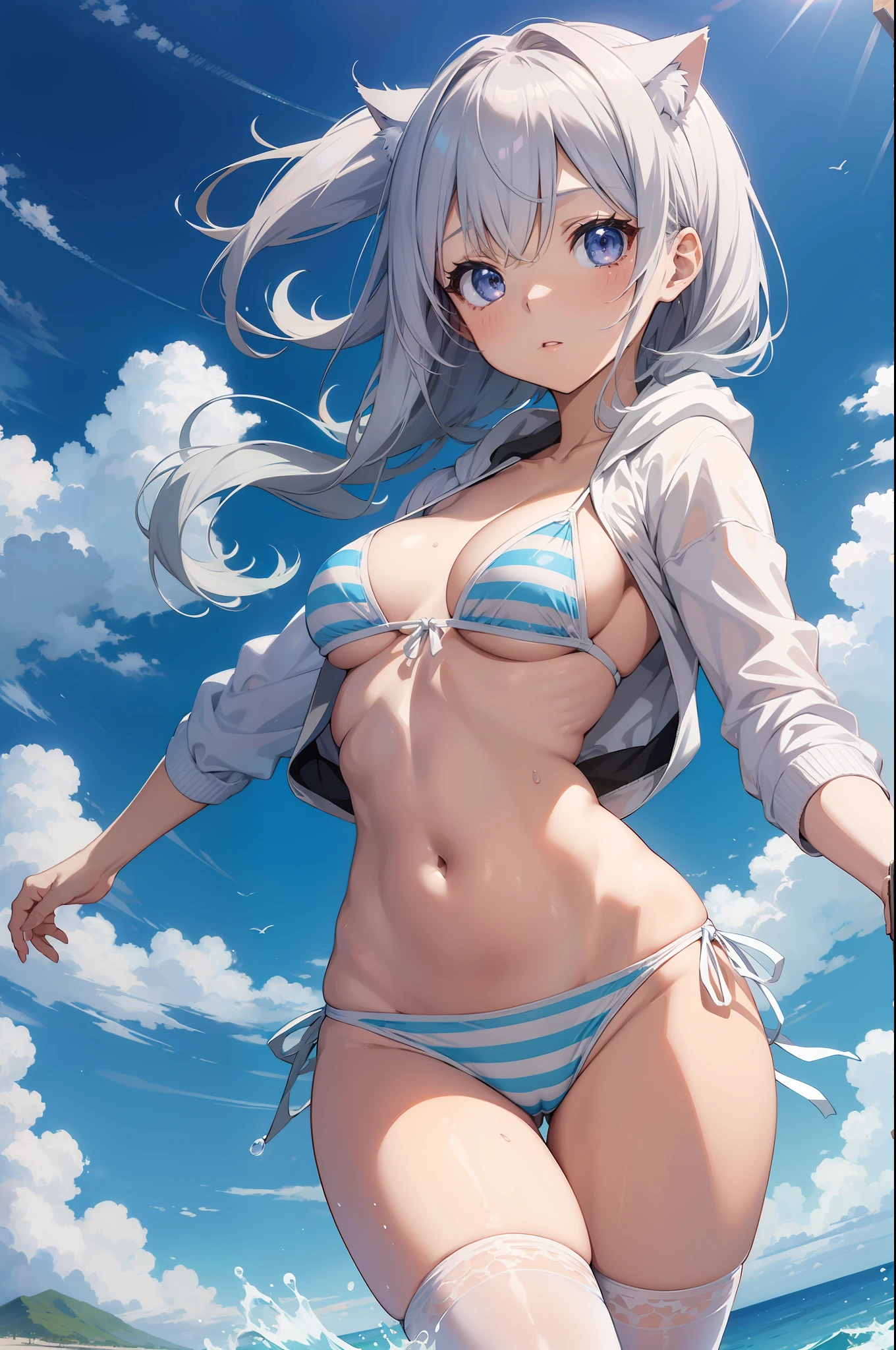 (Masterpiece), (Top Quality Anime Illustration), (Super Definition), One Girl, Solo, Beautiful Girl with Silver Hair, Anime Loli, Cat Ear Loli, Petite, Small Breasts, Cleavage Emphasis, Underboob, Thigh Emphasis, White and Light Blue Striped Bikini, See-Through Hoodie, South Island Sea, Water