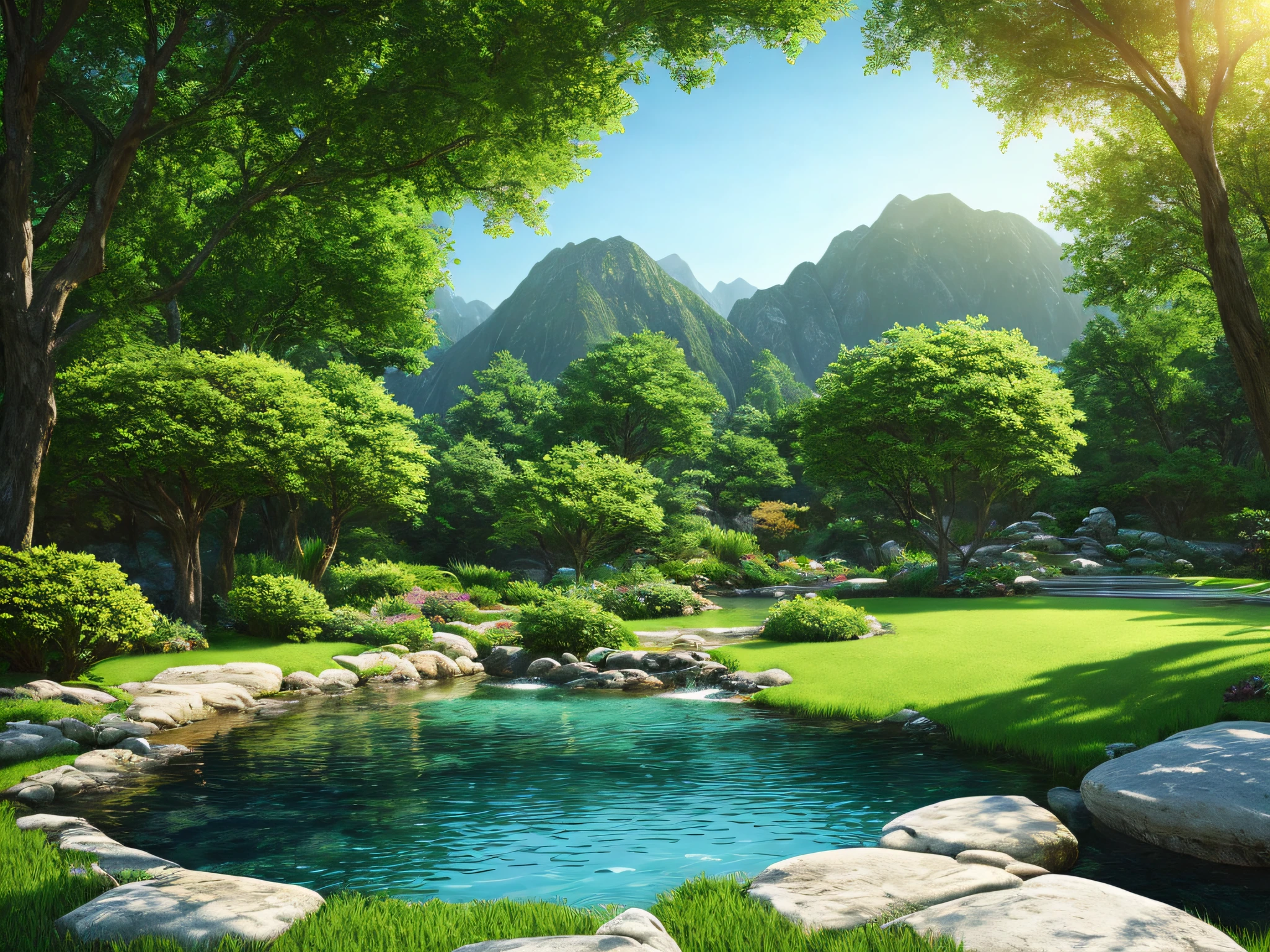 A serene place, very pleasant, beautiful, calm and beautifully landscaped. photorealistic, 8k uhd, studio quality, ultra realistic, maximum detail, large scale, postprocessing, photorealistic, photorealistic, photoshop, photography, detailed, cinematic lighting, landscape, panorama, scenery, ray tracing, cinema4d
