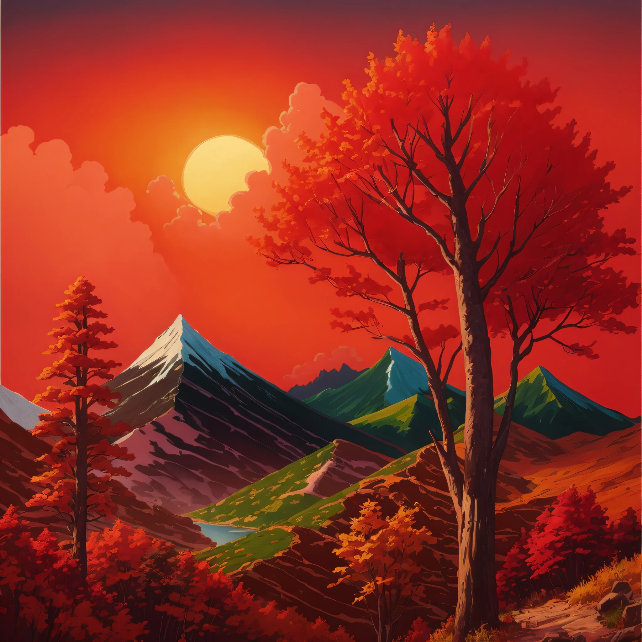 painting of a mountain scene with a lake and trees, inspired by the Brothers Hildebrandt, inspired by Brothers Hildebrandt, detailed painting 4 k, autumn mountains, low detailed. digital painting, scenery artwork, very detailed digital painting, highly detailed digital painting, scenery art detailed, 8k high quality detailed art, autumn sunset, detailed digital painting, digital painting highly detailed