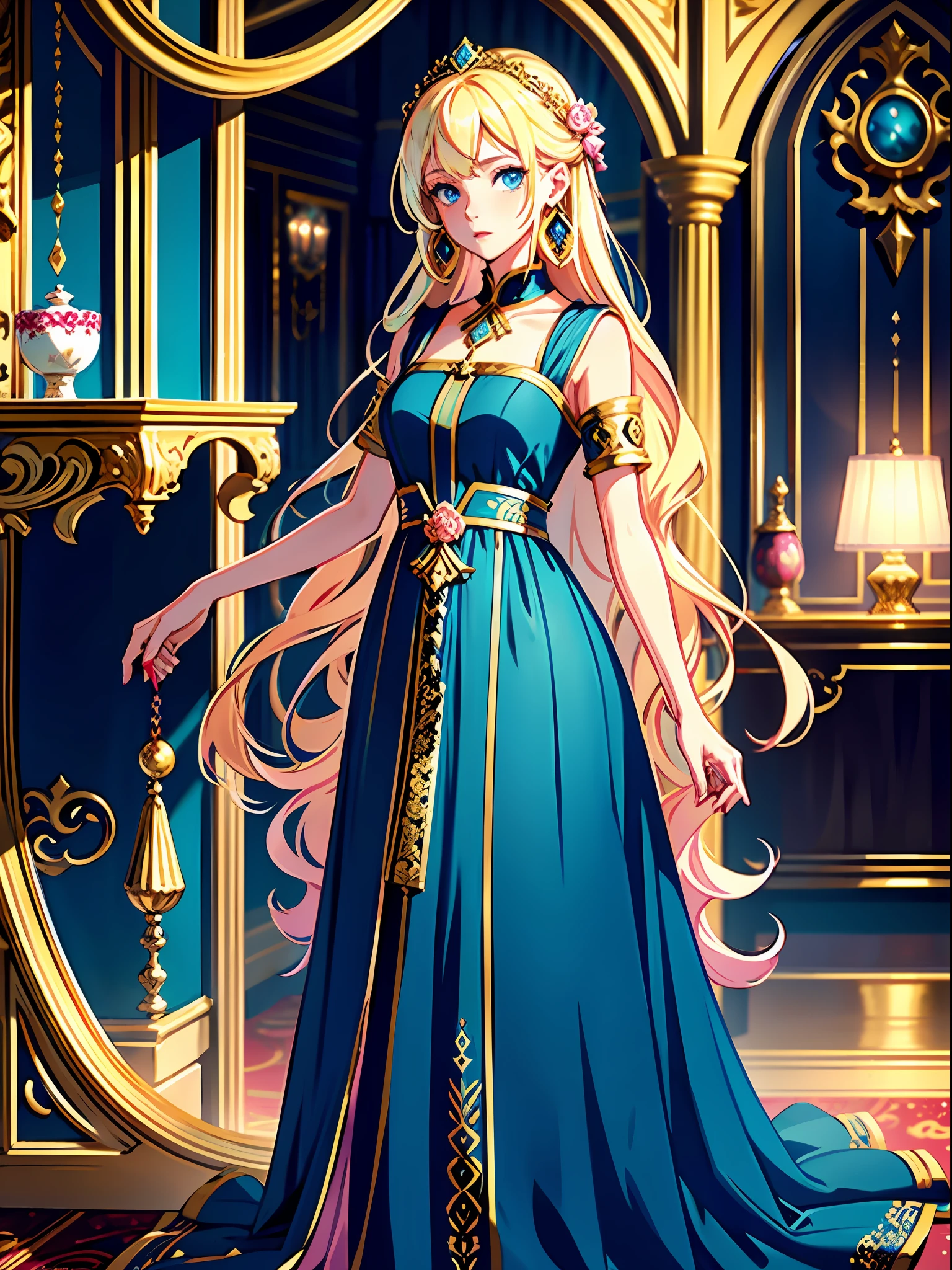 (best quality, masterpiece), portrait, 1 girl, alone, (blonde hair, long, with ornaments), (blue eyes), fine earrings (long dress, pink with gold details) (luxurious background)
