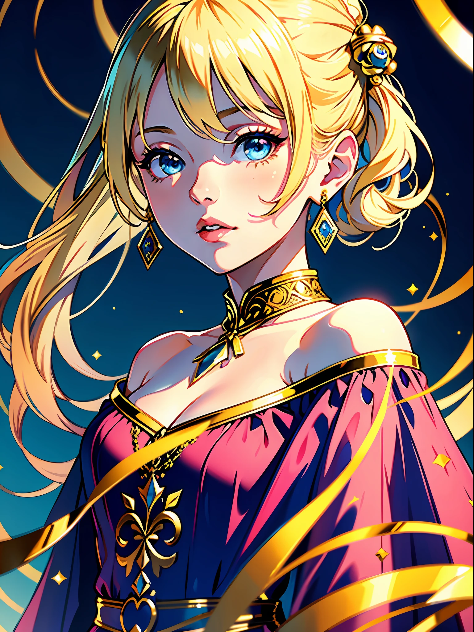 (best quality, masterpiece), portrait, 1 girl, alone, (blonde hair, long, with ornaments), (blue eyes), fine earrings (long dress, pink with gold details) (luxurious background)