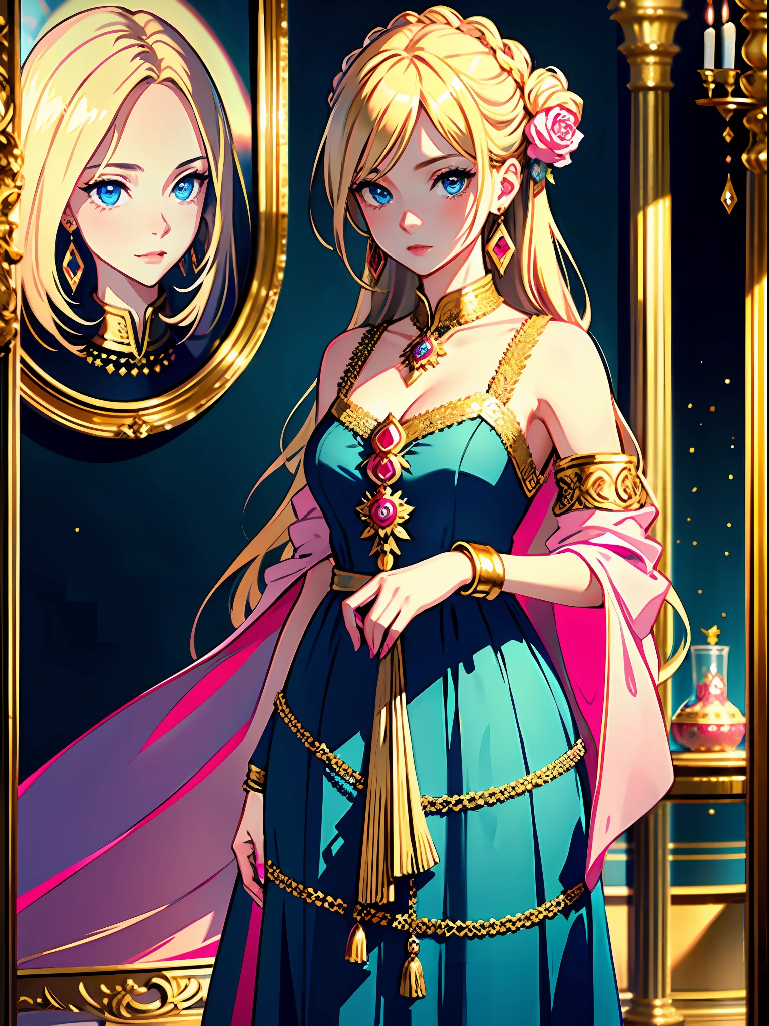 (best quality, masterpiece), portrait, 1 girl, alone, (blonde hair, long, with ornaments), (blue eyes), fine earrings (long dress, pink with gold details) (luxurious background)