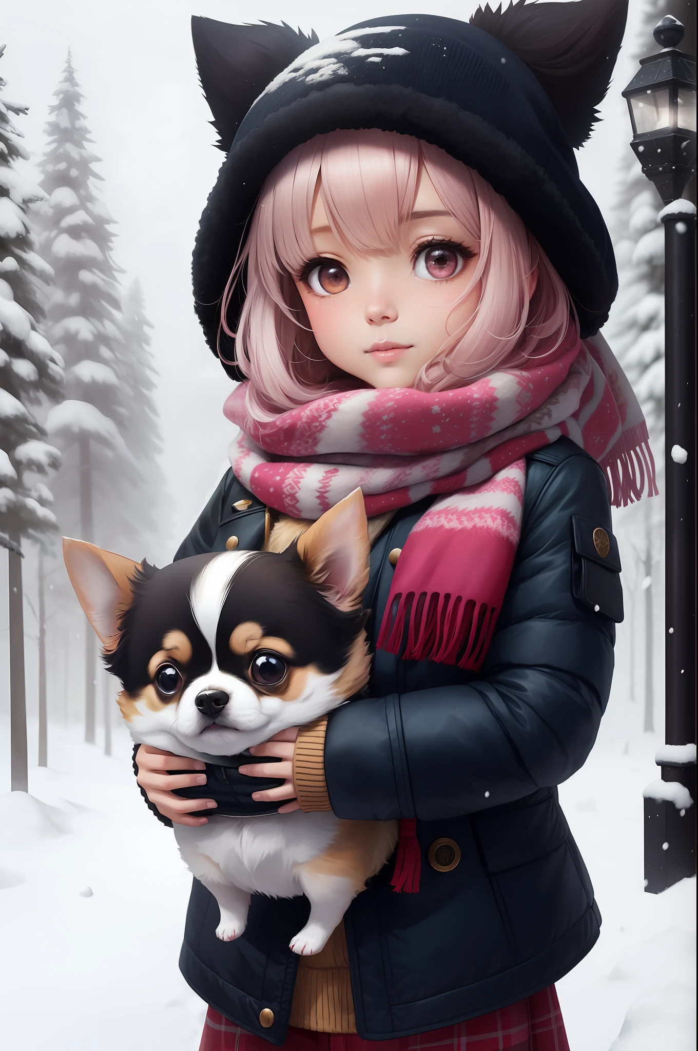 Style-NebMagic, Portrait of a round fluffy baby chihuahua DOG wearing a scarf made of Style-SylvaMagic in the snow, by Ismail Inceoglu, Gazelli, James Jean, Anton Fadeev and Yoshitaka Amano, insanely detailed, 8k resolution, digital art, trends in fashion arts station, vibrant colors, chibi style, a masterpiece, adorable and friendly