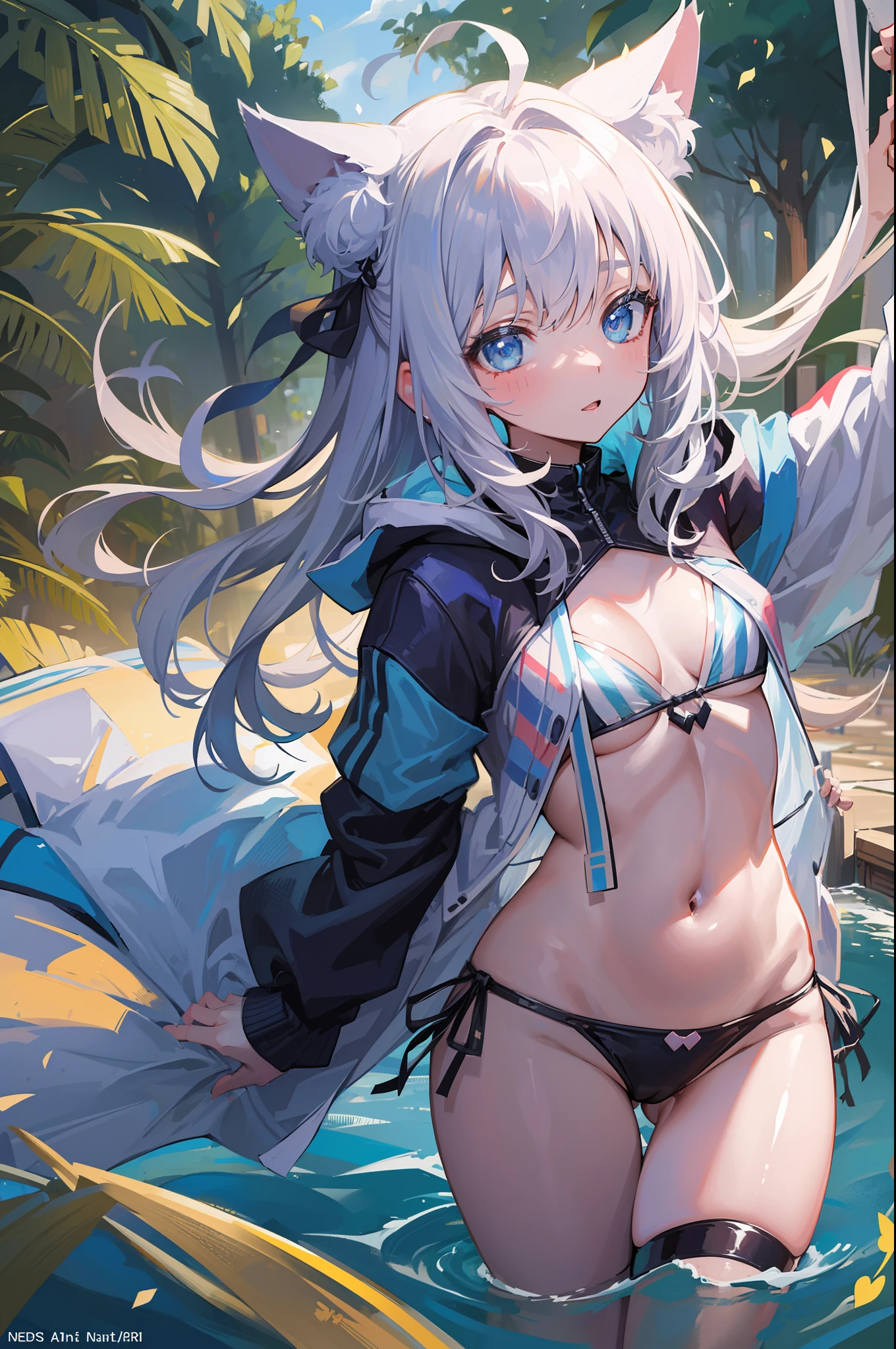 (Masterpiece), (Top Quality Anime Illustration), (Super Definition), One Girl, Solo, Beautiful Girl with Silver Hair, Anime Loli, Cat Ear Loli, Petite, Small Breasts, Cleavage Emphasis, Underboob, Thigh Emphasis, White and Light Blue Striped Bikini, See-Through Hoodie, South Island Sea, Water