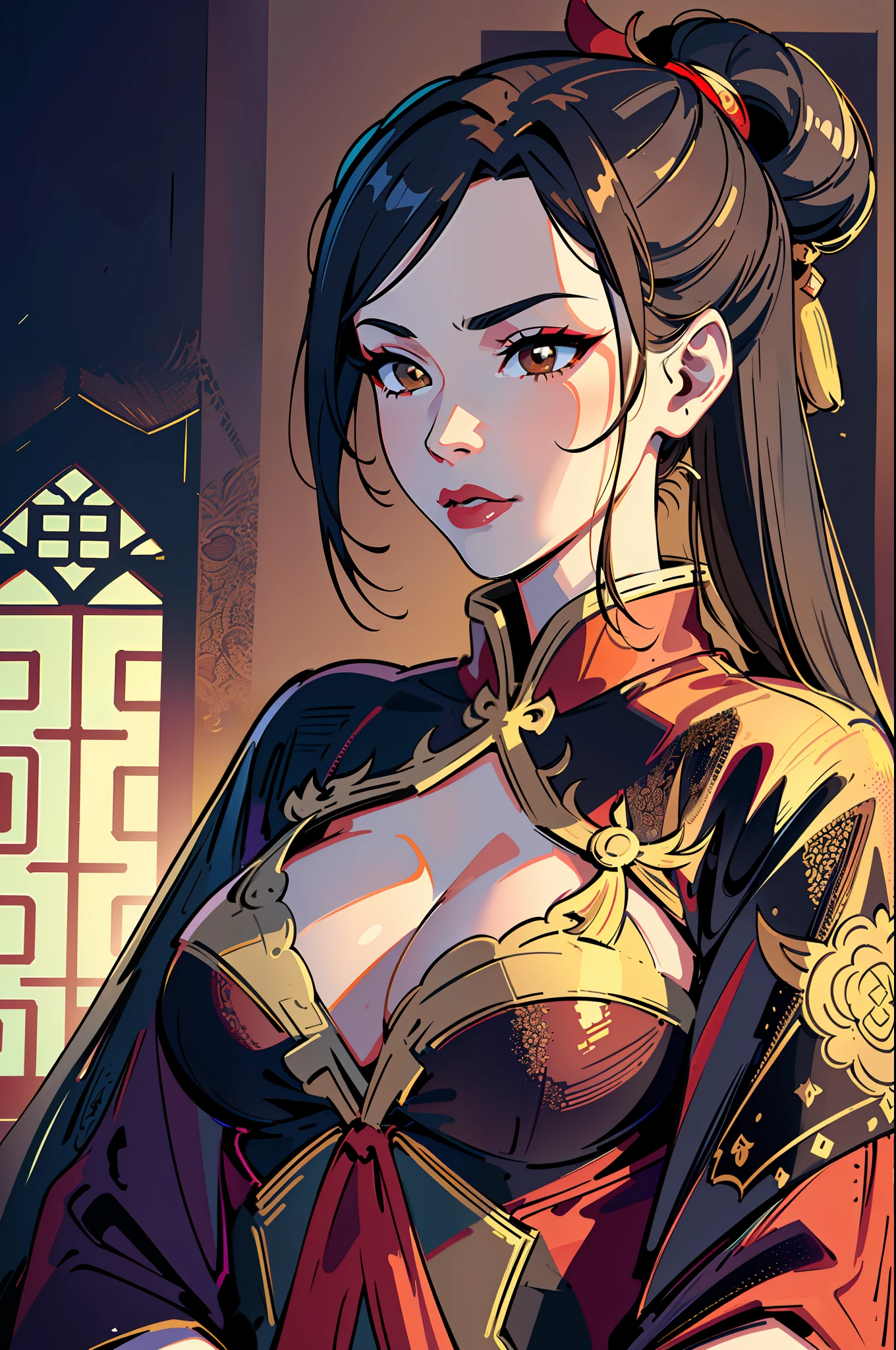 ultra-realistic 8k CG, masterpiece, ((ultra detailed background, fine drawing, intricate details, high detail, better quality fine details, hyper-detailed face)), (photorealistic: 1.4), beautiful lighting, absurdity, RAW photo, film grain, Azula, 1girl, solo, black hair, brown eyes, makeup, lipstick, red lips, single hair bun, navel, side strands, hair decoration, ((medium breasts, slim girl)), ((open kimono, Chinese clothing)), ((intricately detailed background, inside, dim lighting, moody lighting, inside the castle, castle wall, inside, medieval castle environment))