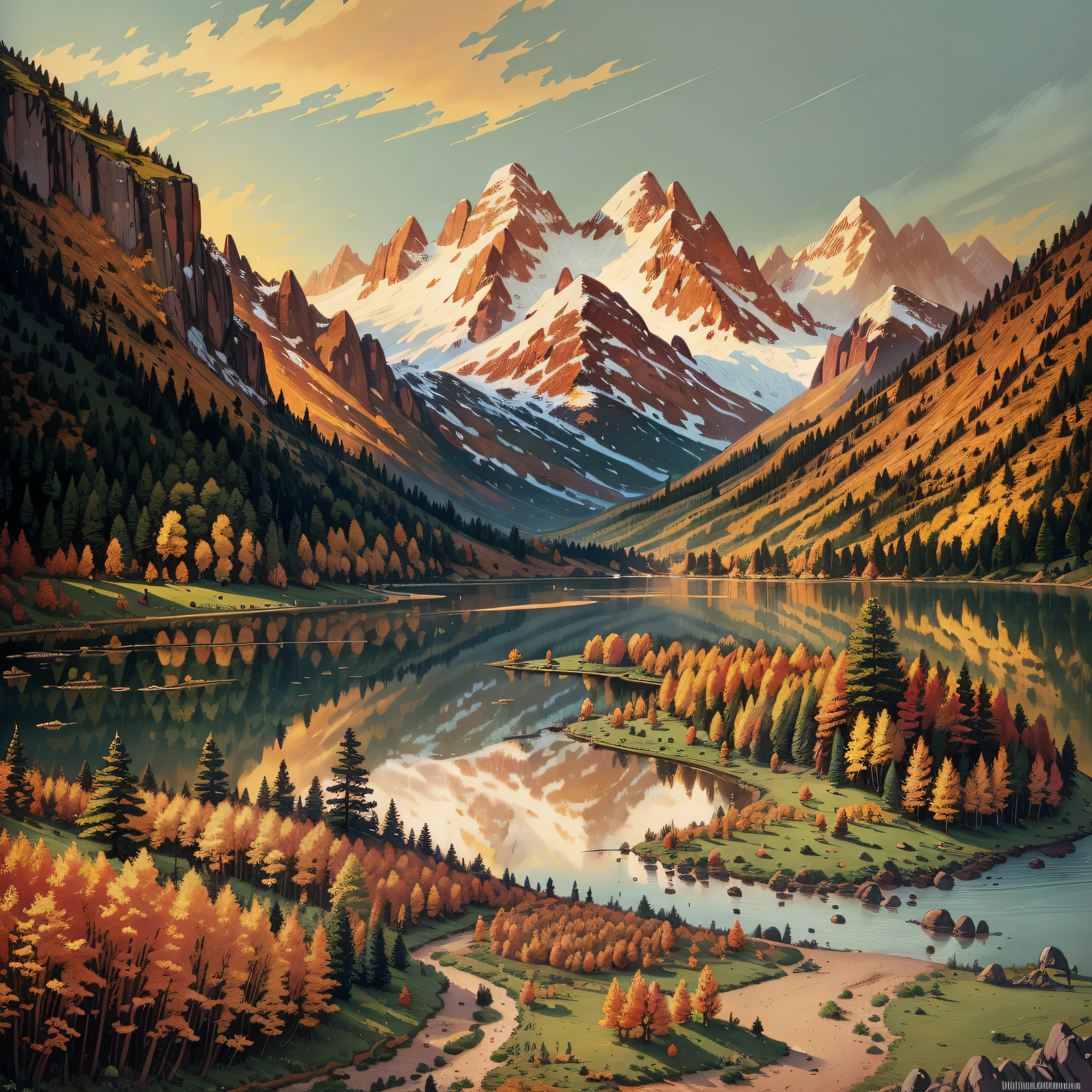 painting of a mountain scene with a lake and trees, inspired by the Brothers Hildebrandt, inspired by Brothers Hildebrandt, detailed painting 4 k, autumn mountains, low detailed. digital painting, scenery artwork, very detailed digital painting, highly detailed digital painting, scenery art detailed, 8k high quality detailed art, autumn sunset, detailed digital painting, digital painting highly detailed