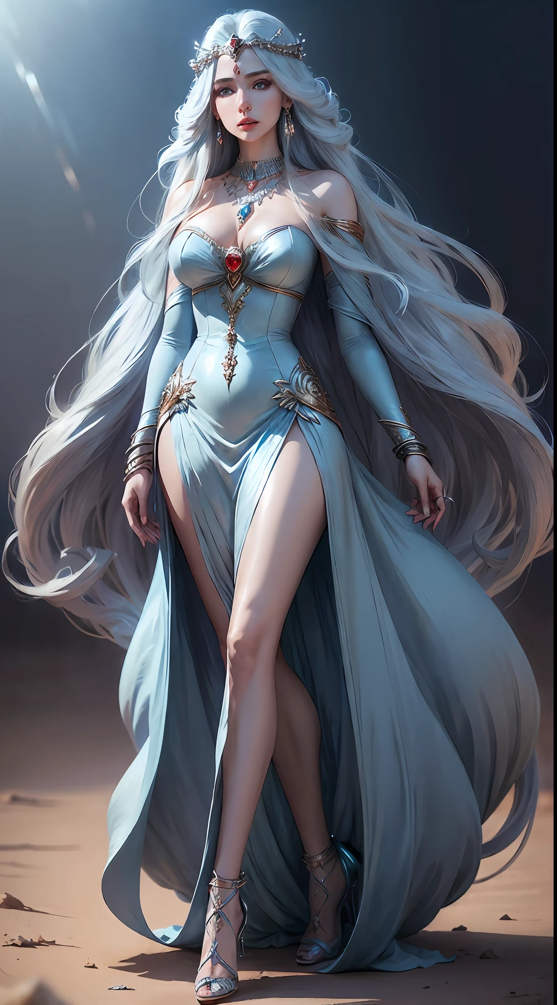 (Goddess, Flowing Long Hair:1.3), Noble and Gorgeous, 1 Goddess, Real, Slim, Blue Evening Dress, Crystal Necklace, Diamond Earrings, Metal Bracelet, Atmospheric Walking Pose, Red Lips, High Heels, Light Effects, Sparkling Light, Blue Sky, Desert, (Gorgeous:1.2), (Elegance: 1.1), (Confidence: 1.1)
