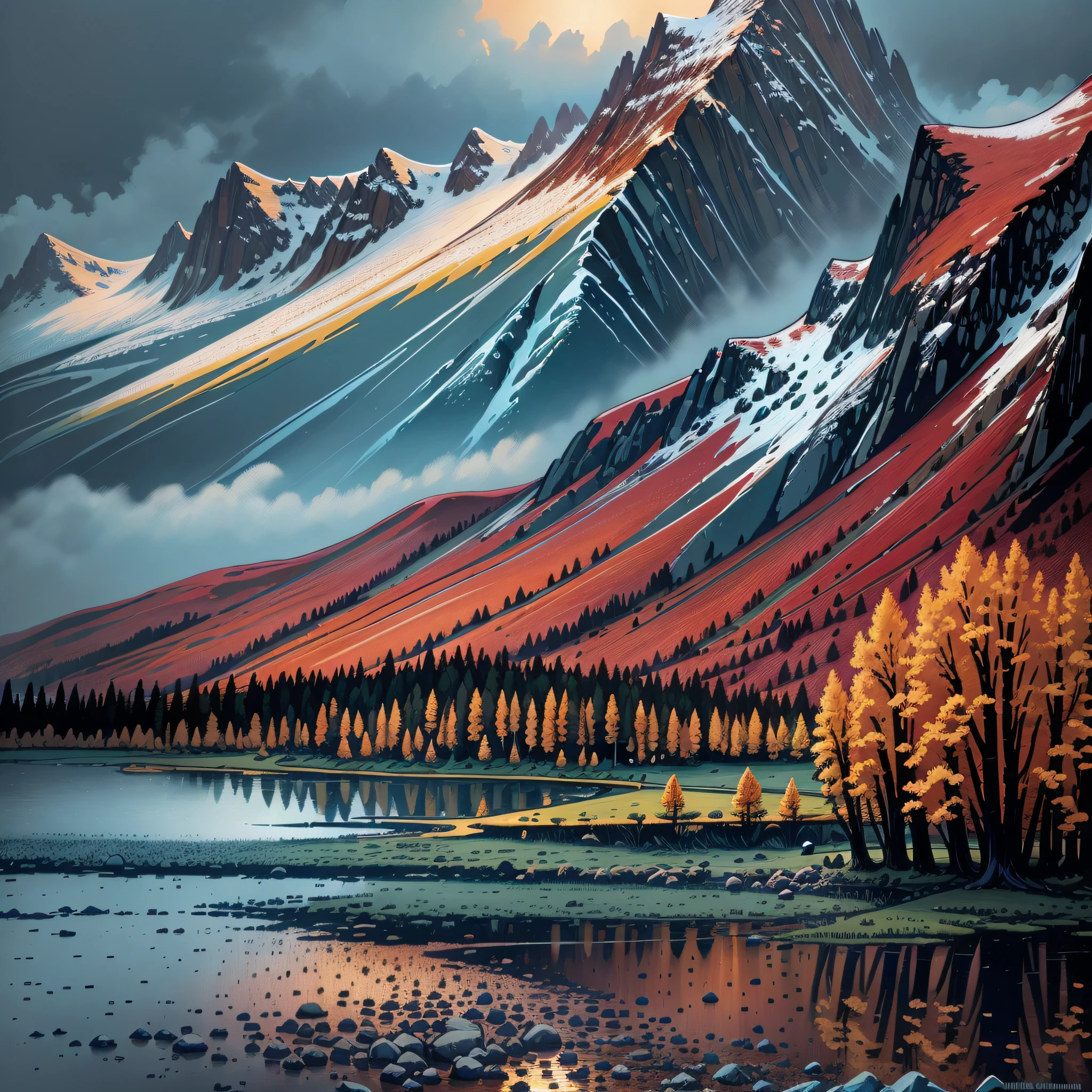 painting of a mountain scene with a lake and trees, inspired by the Brothers Hildebrandt, inspired by Brothers Hildebrandt, detailed painting 4 k, autumn mountains, low detailed. digital painting, scenery artwork, very detailed digital painting, highly detailed digital painting, scenery art detailed, 8k high quality detailed art, autumn sunset, detailed digital painting, digital painting highly detailed