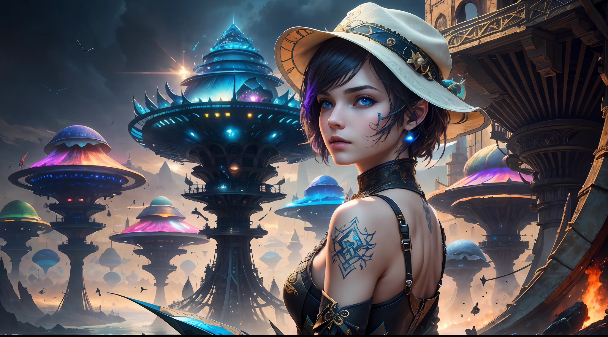 (((Multiplayer, Vivid eyes, men and women))), Best Quality, Realistic, Realistic, Award-Winning Illustrations, (Intricate Details: 1.2), (Fine Details), (Intricate Details), (Cinematic Light, Best Quality Backlight), Clear Lines, Sharp Focus, Official Art, Unity 8k Wallpaper, Ridiculous, Incredibly Absurd, Fantasy Art, RTX, ((Award-winning Triangle Studio Close-up Photo)), 1 Boy, (Shut Up), Best Quality, 4K, beautiful mysterious creatures, female, flying, surrealism, masterpiece of NCWINTERS, in mysterious country town, masterpiece, intricate details, ff14style, urban painting, bridge, river, giant mushroom, landscape, bright colors,