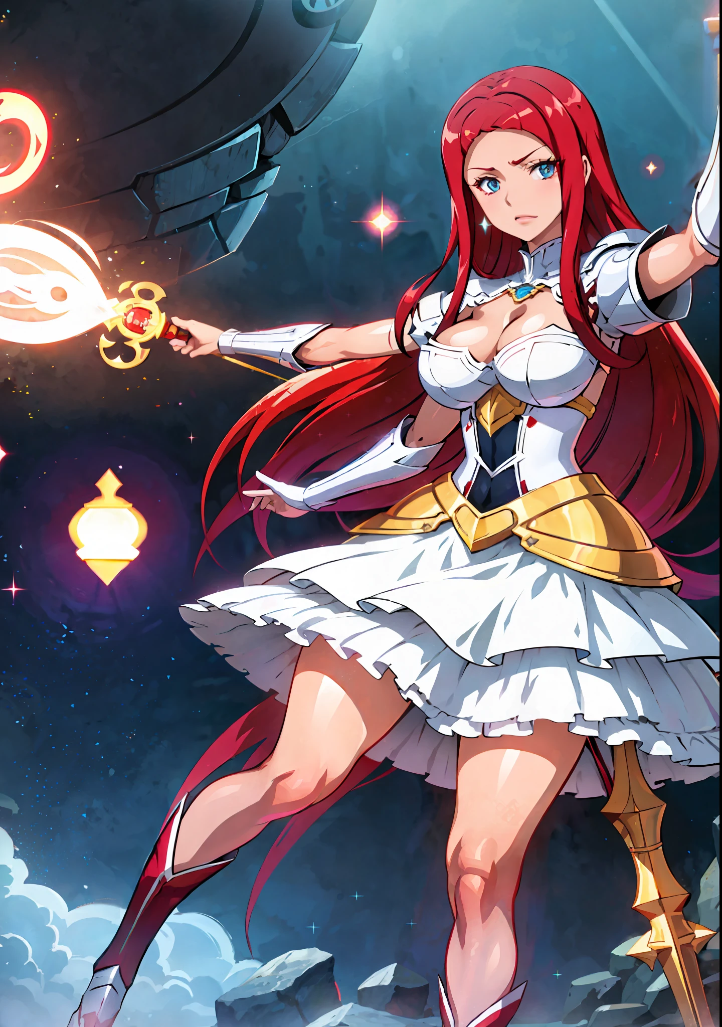A closeup of a woman in an armor, Hollandic angle, red-haired deity, red-haired, perfect red-haired girl, knightly portraits of zodiac girl, cushart krenz female key art, red-haired lady, anime goddess, seductive anime girl, official art, noire, krenz cushart and artgerm, light blue eyes, cat eyes, tanned skin, Girl in armor, alexstrasza, bikini armor female knight, OC Commission