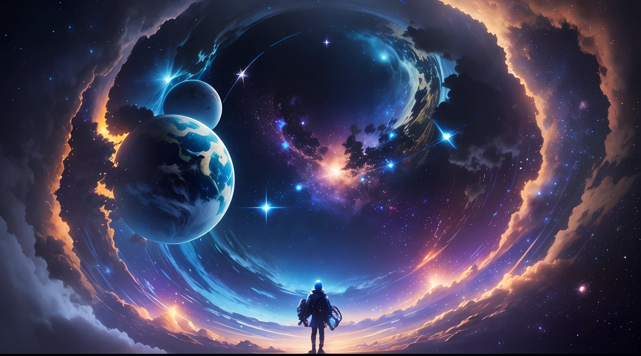 anime poster, starry space, dark vignette, many constellations, high resolution, planet Earth emerging on the right side, vibrant blue colors, mysterious atmosphere. --auto --s2