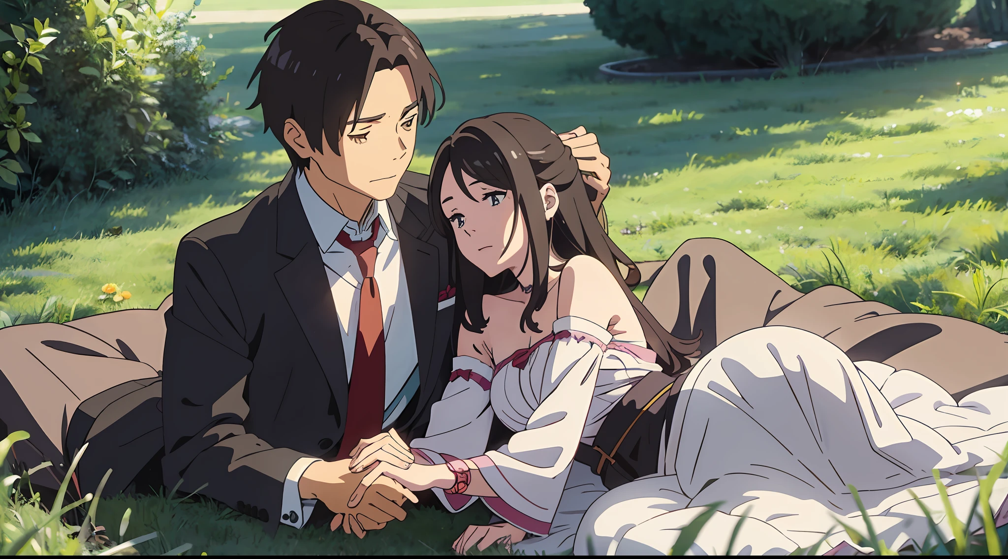 A man and a woman lie flat on the lawn hand in hand in anime anime --auto --s2