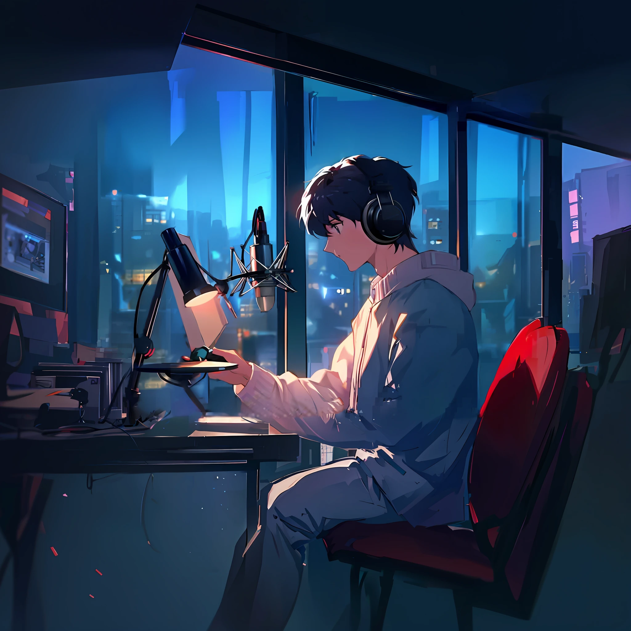 anime boy sitting at a desk with headphones on and a microphone, lofi artstyle, nightcore, anime art wallpaper 8 k, high quality anime artstyle, anime wallpaper 4 k, anime wallpaper 4k, anime. soft lighting, ig studios anime style, anime wallaper, makoto shinkai style, makoto shinkai. —h 2160