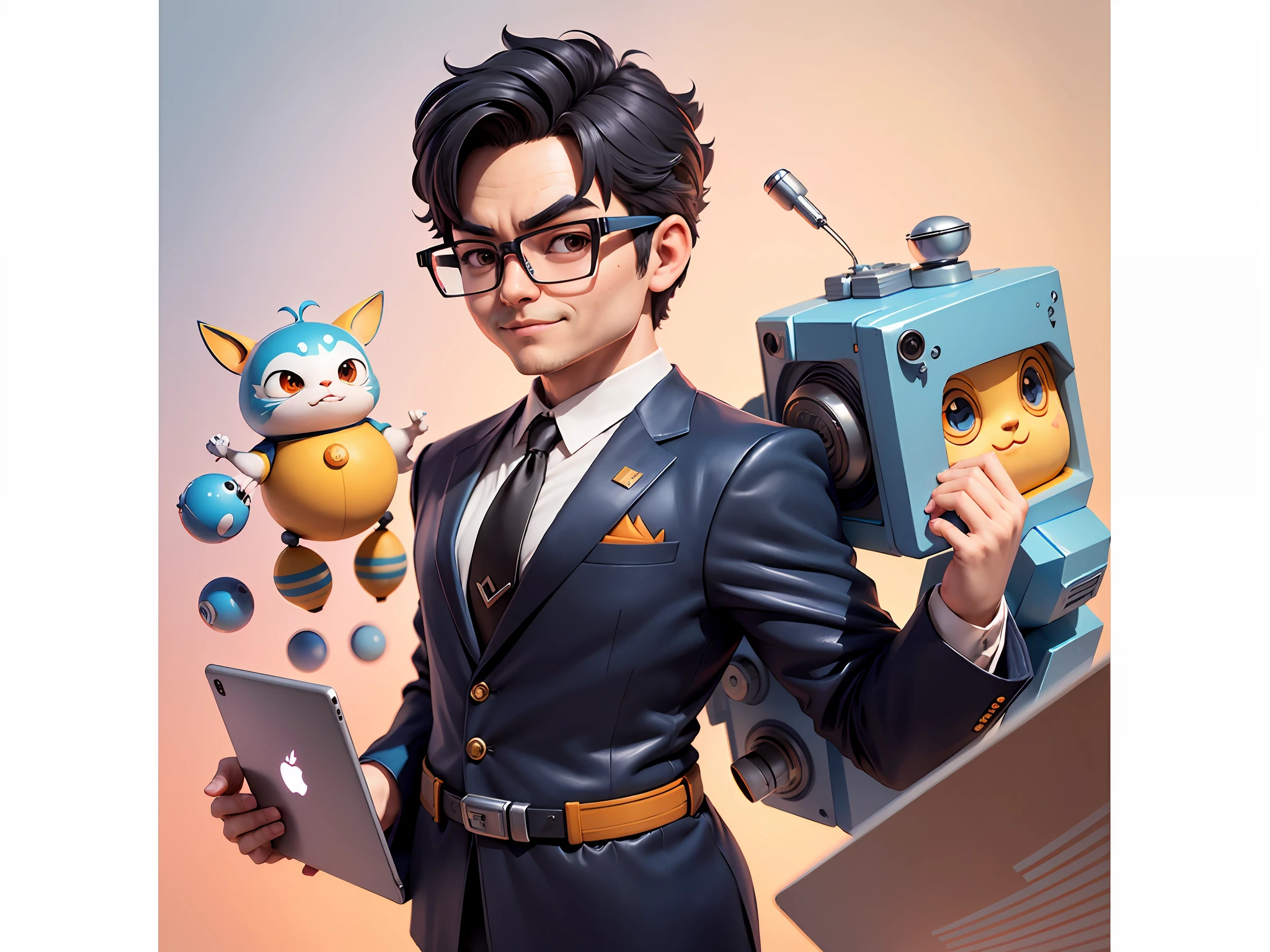 Masterpiece), (Excellent), (Super Meticulous), (Full Body: 1.2), Super Young Woman, Beautiful, Sexy, Bursting, Oriental Face, TV Anchor, Bust Portrait Illustration, Alone, Black Suit, Blue Tie, Silver Glasses, Slightly Chubby Face, Very Clean Face, No Beard, Black Super Short Hair, Black Eyes, Confident Smile, 3c Computer Sub-Products, iPad, iPhone, Digital Painting, 3D Character Design by Akira Toriyama with Mark Claireden and Pixar and Hayao Miyazaki, The illustration is a high-definition illustration in 4K resolution with very detailed facial features and cartoon-style visuals.