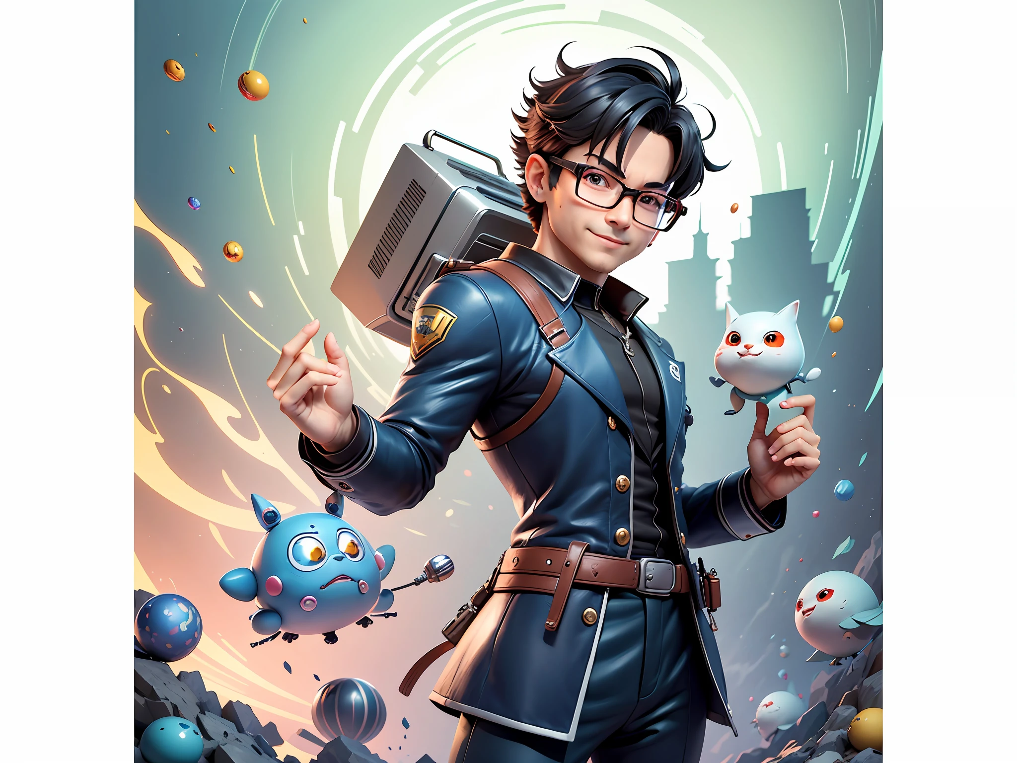Masterpiece), (Excellent), (Super Meticulous), (Full Body: 1.2), Super Young Woman, Beautiful, Sexy, Bursting, Oriental Face, TV Anchor, Bust Portrait Illustration, Alone, Black Suit, Blue Tie, Silver Glasses, Slightly Chubby Face, Very Clean Face, No Beard, Black Super Short Hair, Black Eyes, Confident Smile, 3c Computer Sub-Products, iPad, iPhone, Digital Painting, 3D Character Design by Akira Toriyama with Mark Claireden and Pixar and Hayao Miyazaki, The illustration is a high-definition illustration in 4K resolution with very detailed facial features and cartoon-style visuals.