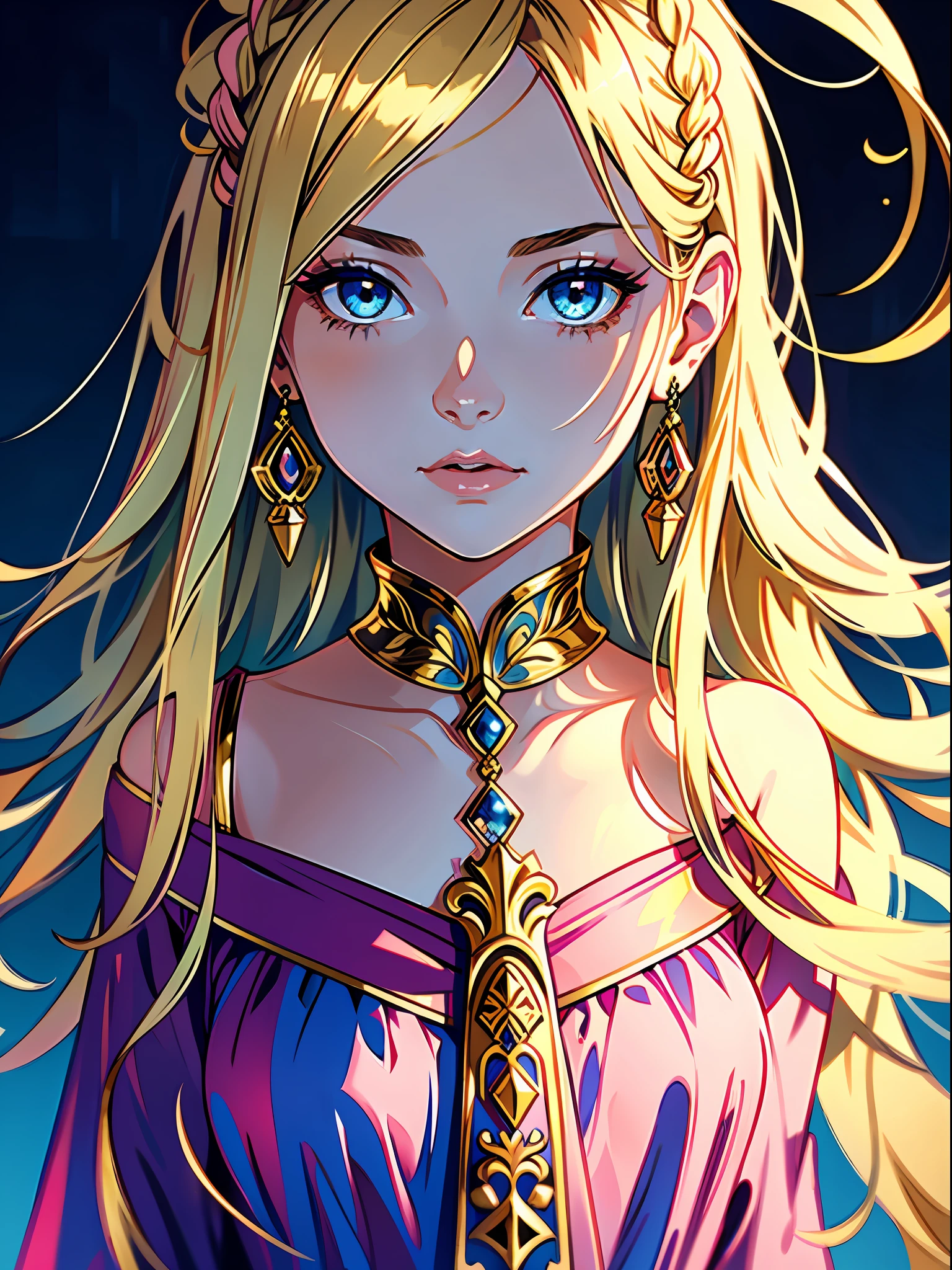 (best quality, masterpiece), close-up, portrait, 1 girl, alone, (blonde, long, trimmed hair), (blue eyes), fine earrings (long dress, pink with gold details) (luxurious background)