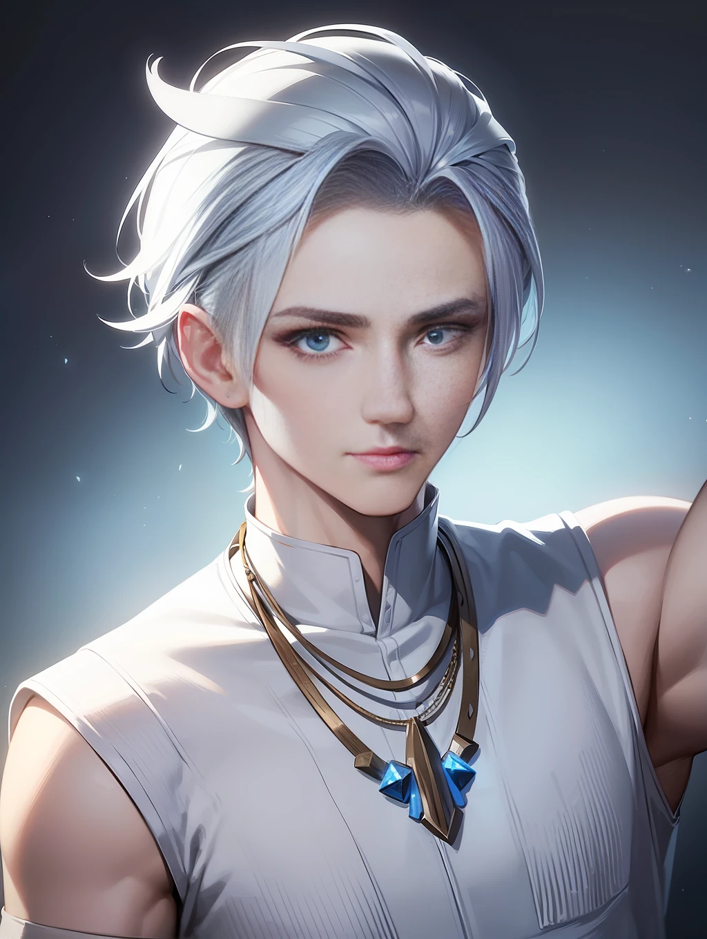 Handsome antique boy avatar, dashing, cloth blindfolded, white bandage on hand, wearing earring necklace, blue tone, cold, silver hair, face close-up, dark background, portrait, streamlined 3D/C4D production: 8K HD picture quality / ultra-detailed lens depiction 1.5, flawless, chibi background / cinematic sense.
