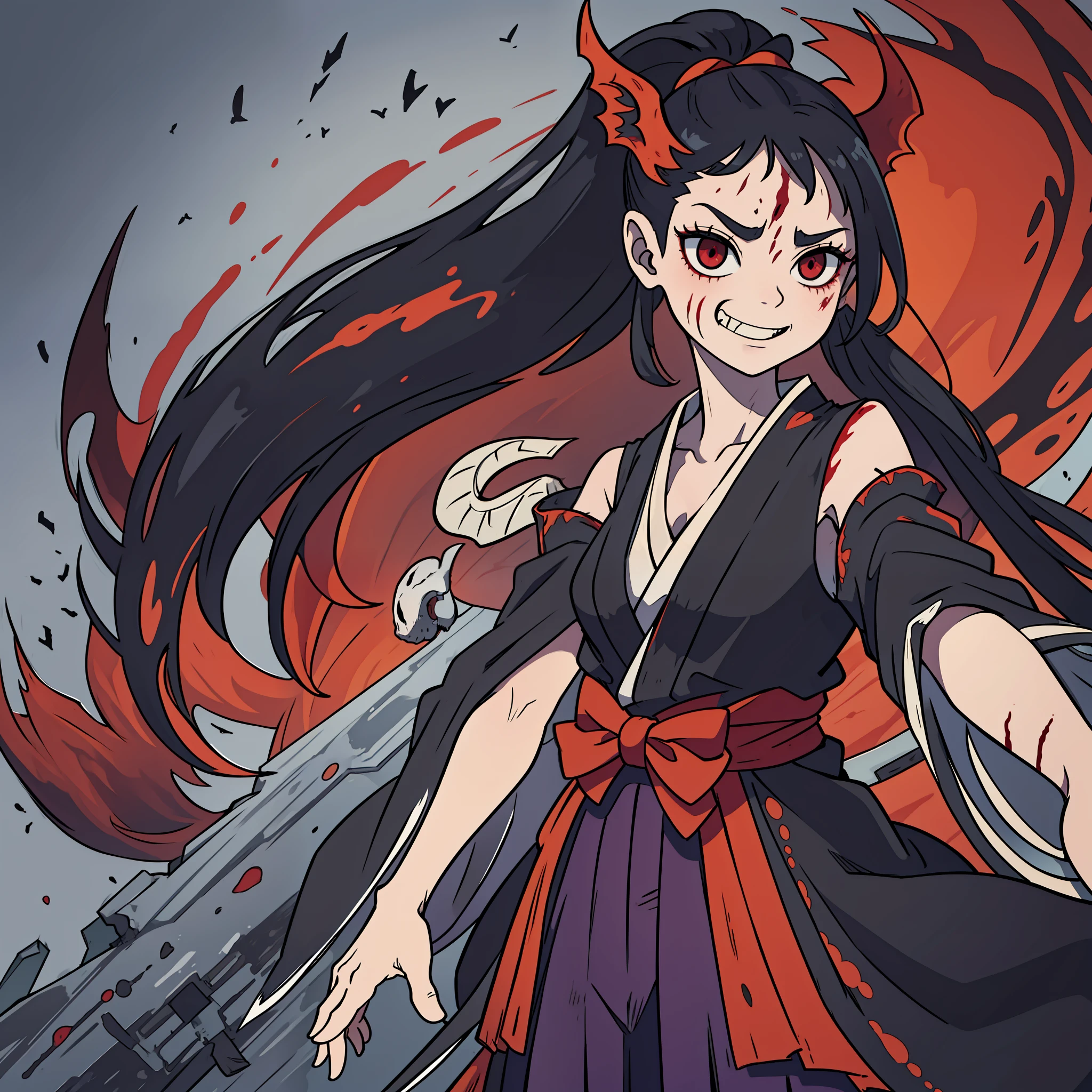 A monstrous being with wings and a grotesque appearance wearing it wears a black female Hakama. monster. ugly. fear. terror. by the peeling and blood with a macabre smile and a look of despair and terror. Hornless